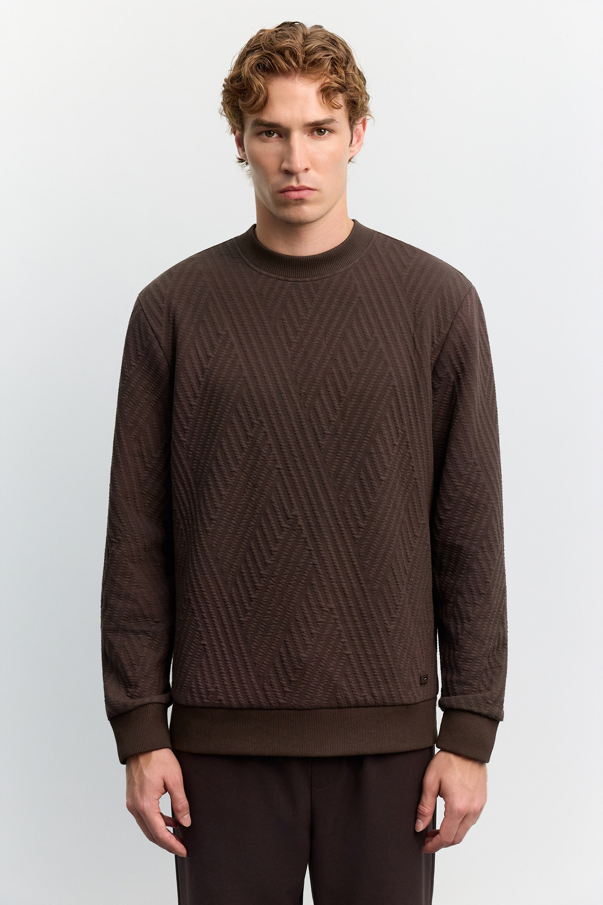 Kahve Bisiklet Yaka Jakarlı Sweatshirt