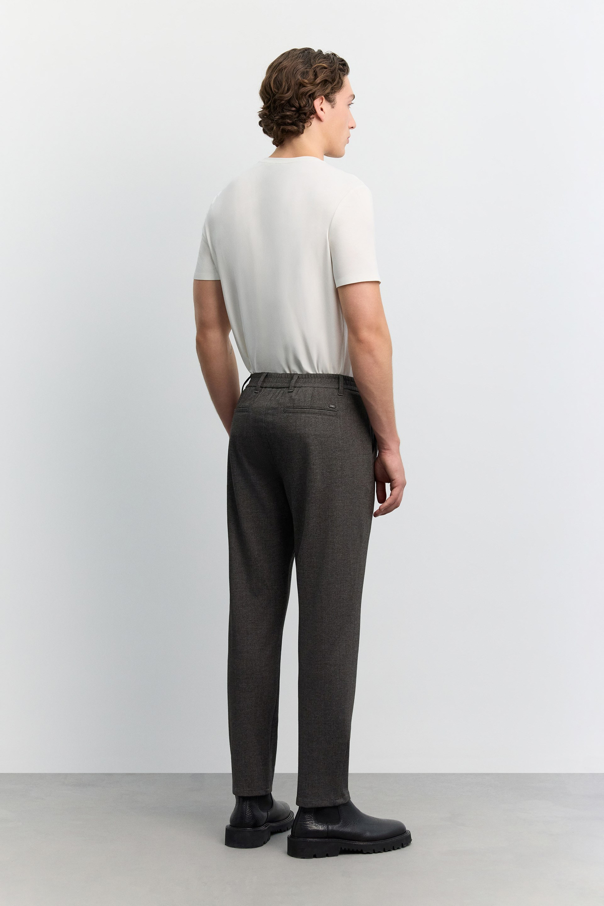 Kahve Kazayağı Desenli Yanı Lastikli Relaxed Fit Pantolon