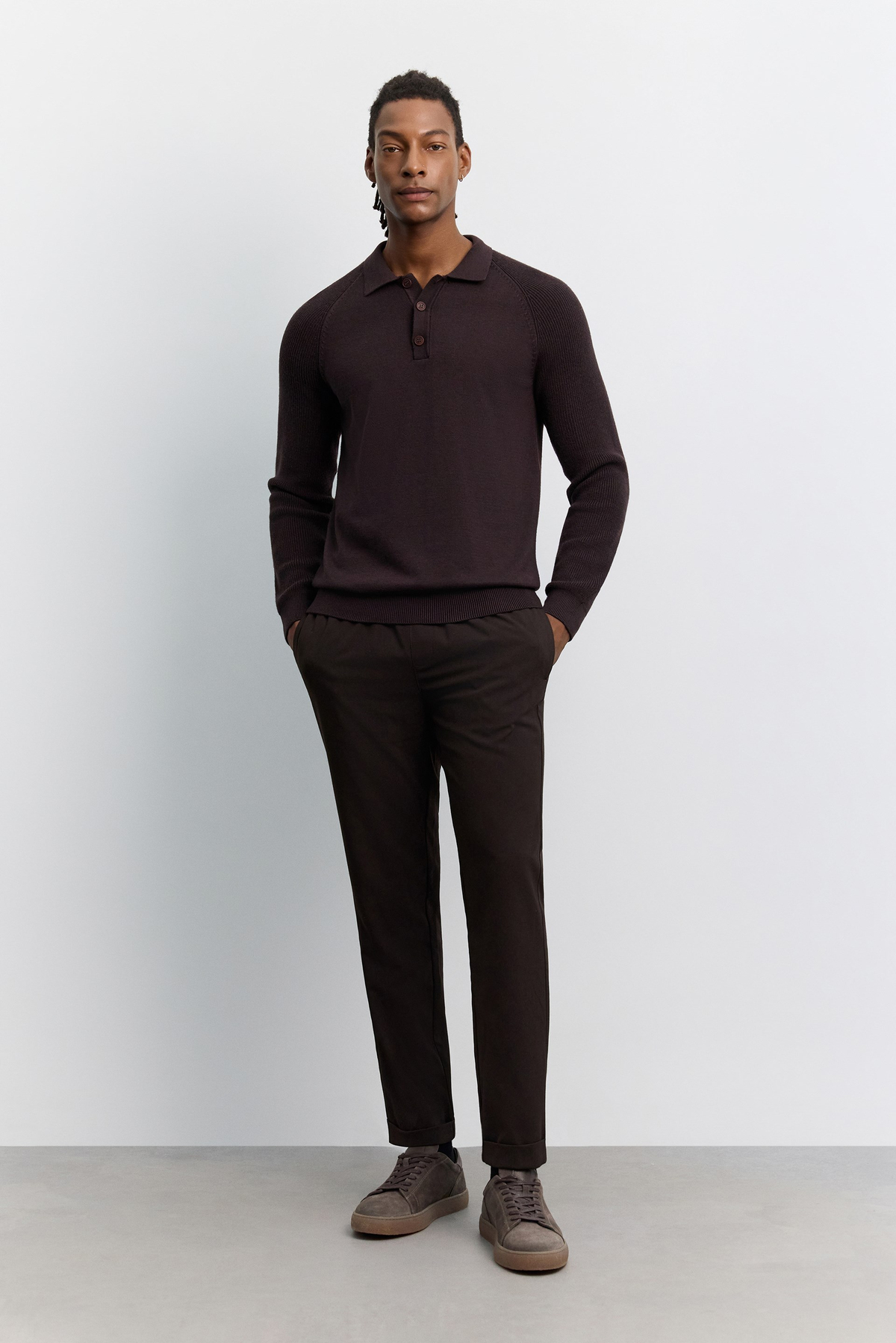 Kahve Polo Yaka Düğmeli, Kol Örgü Detaylı Reglan Soft Touch Kazak