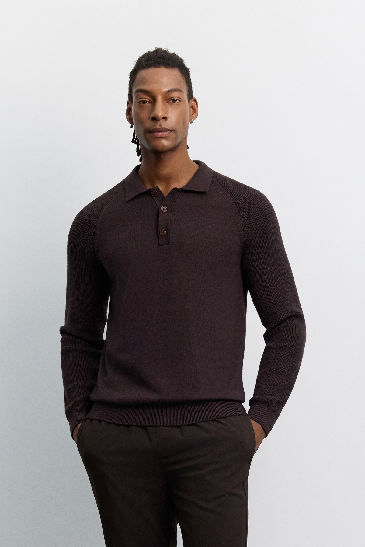 Kahve Polo Yaka Düğmeli, Kol Örgü Detaylı Reglan Soft Touch Kazak