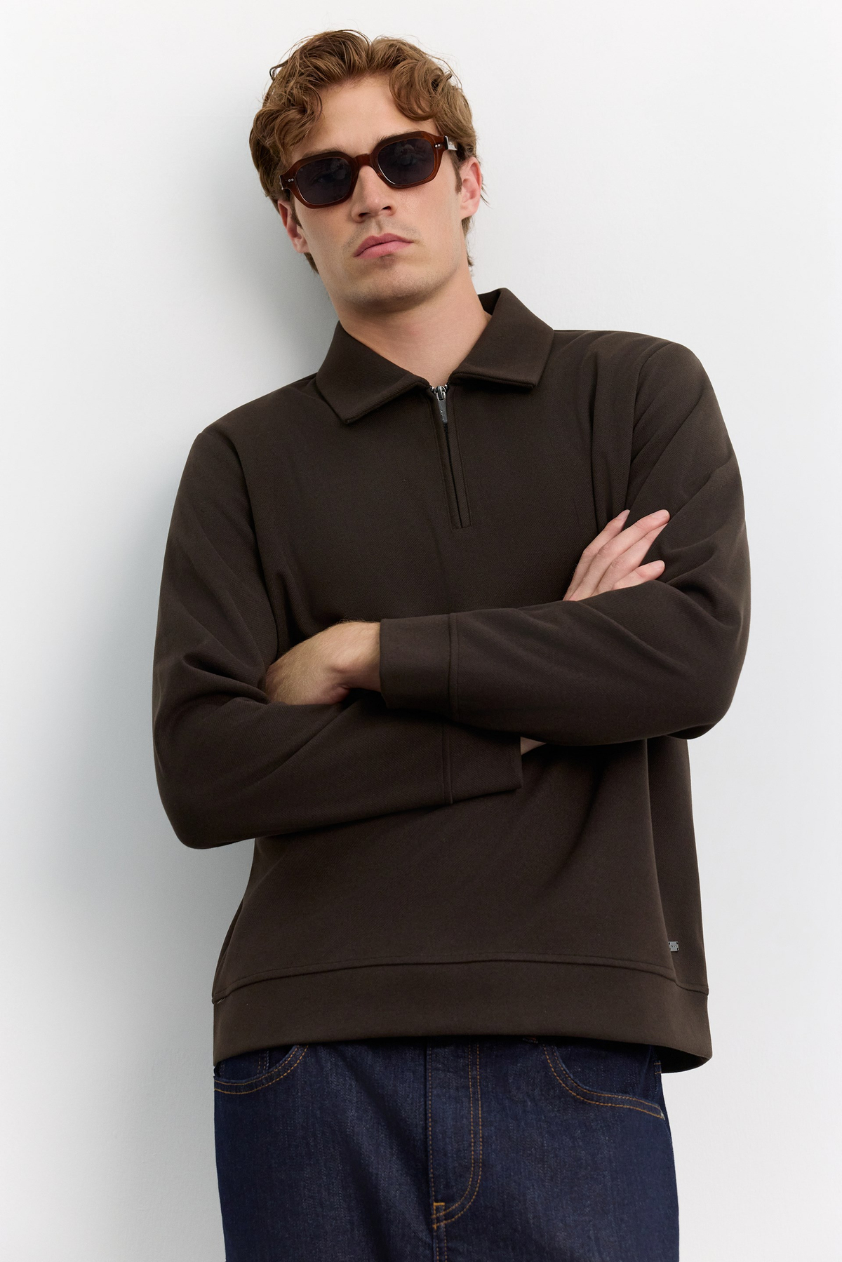 Kahve Polo Yaka Fermuarlı Diyagonel İçi Şardonlu İnterlok Sweatshirt