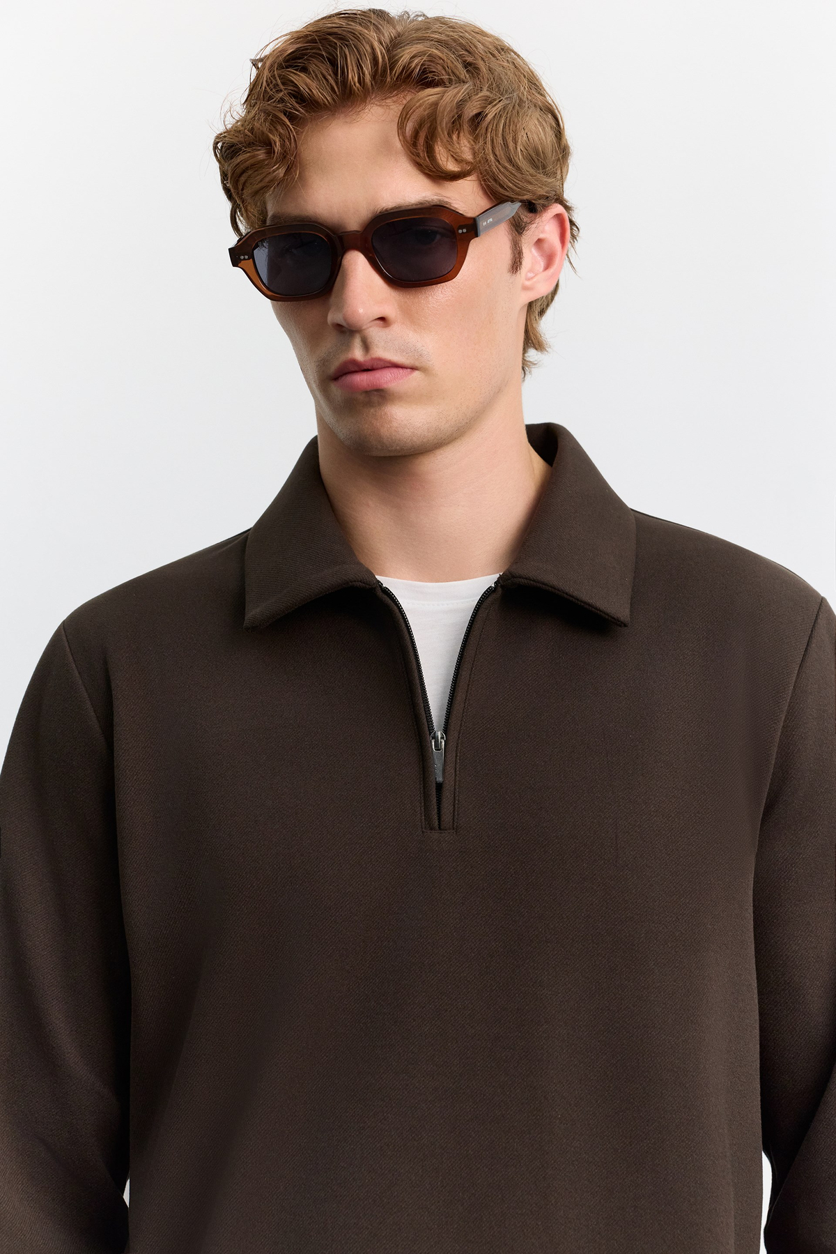 Kahve Polo Yaka Fermuarlı Diyagonel İçi Şardonlu İnterlok Sweatshirt