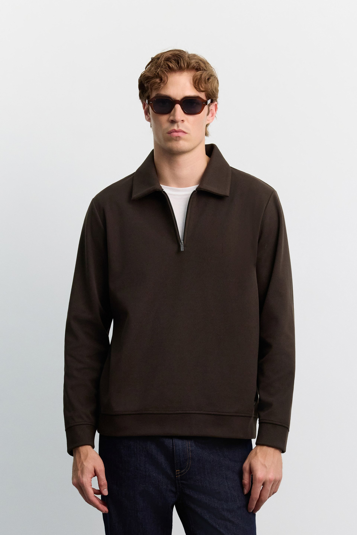 Kahve Polo Yaka Fermuarlı Diyagonel İçi Şardonlu İnterlok Sweatshirt