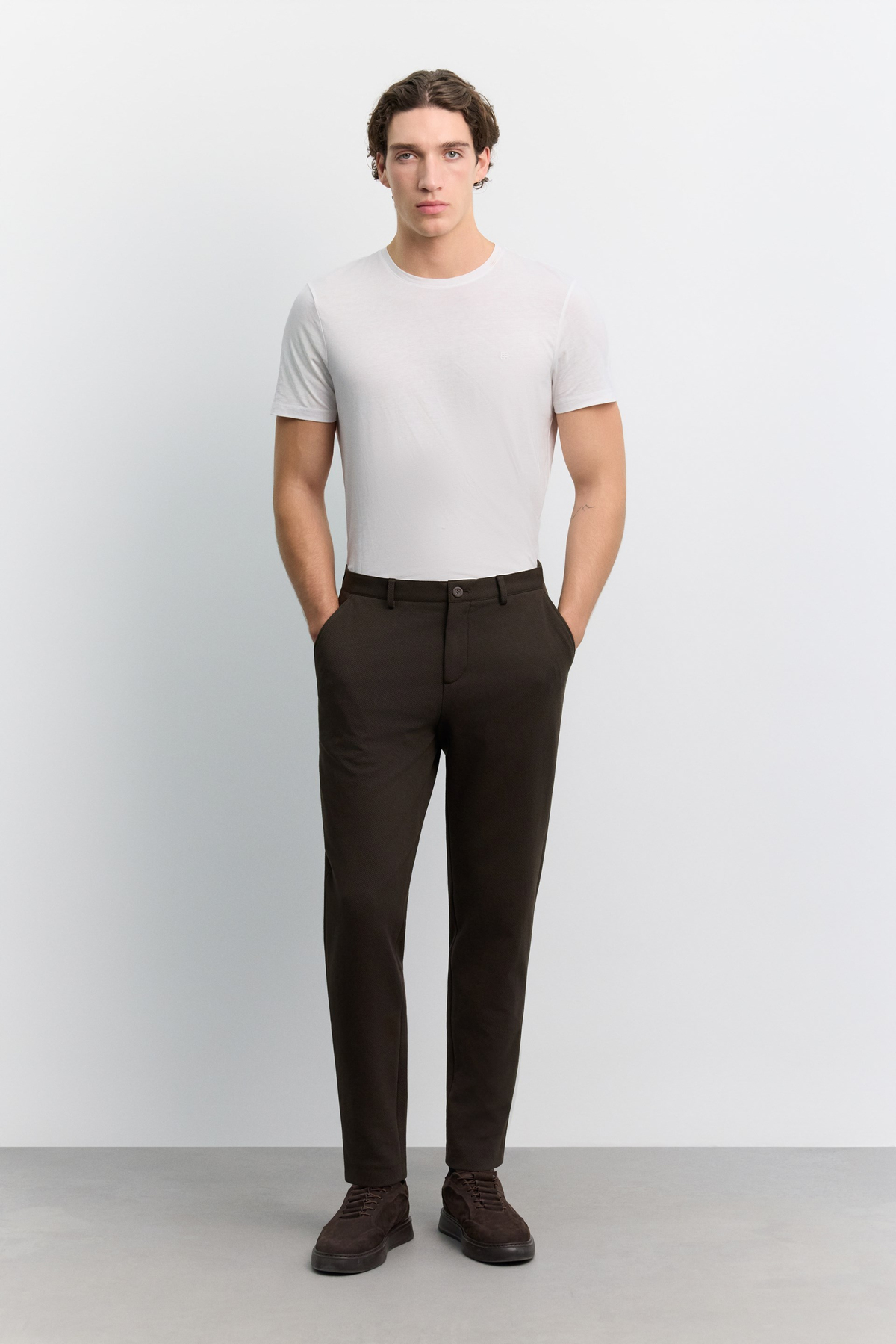 Kahve Pamuk Karışımlı Örme Diyagonal Relaxed Fit Pantolon