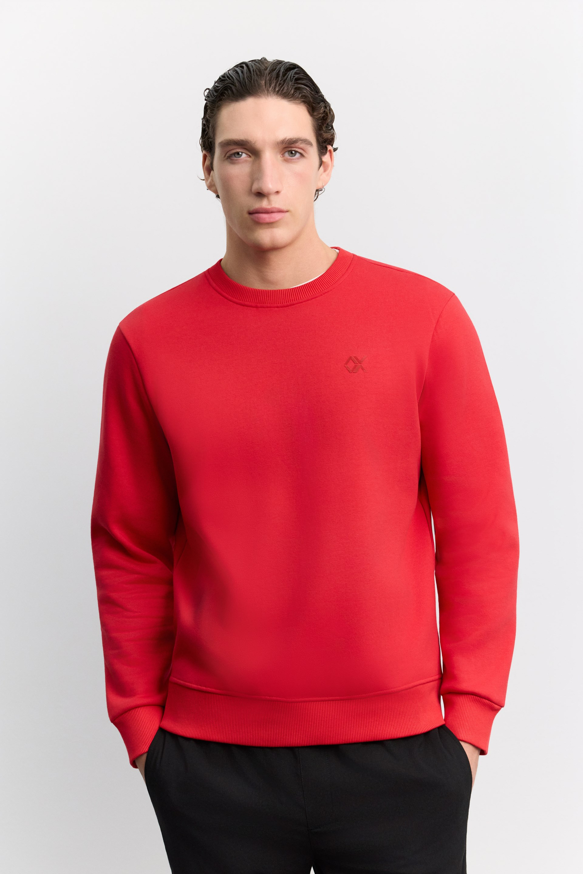 Kırmızı Bisiklet Yaka Enjeksiyon Baskılı 3 İplik Şardonlu Sweatshirt