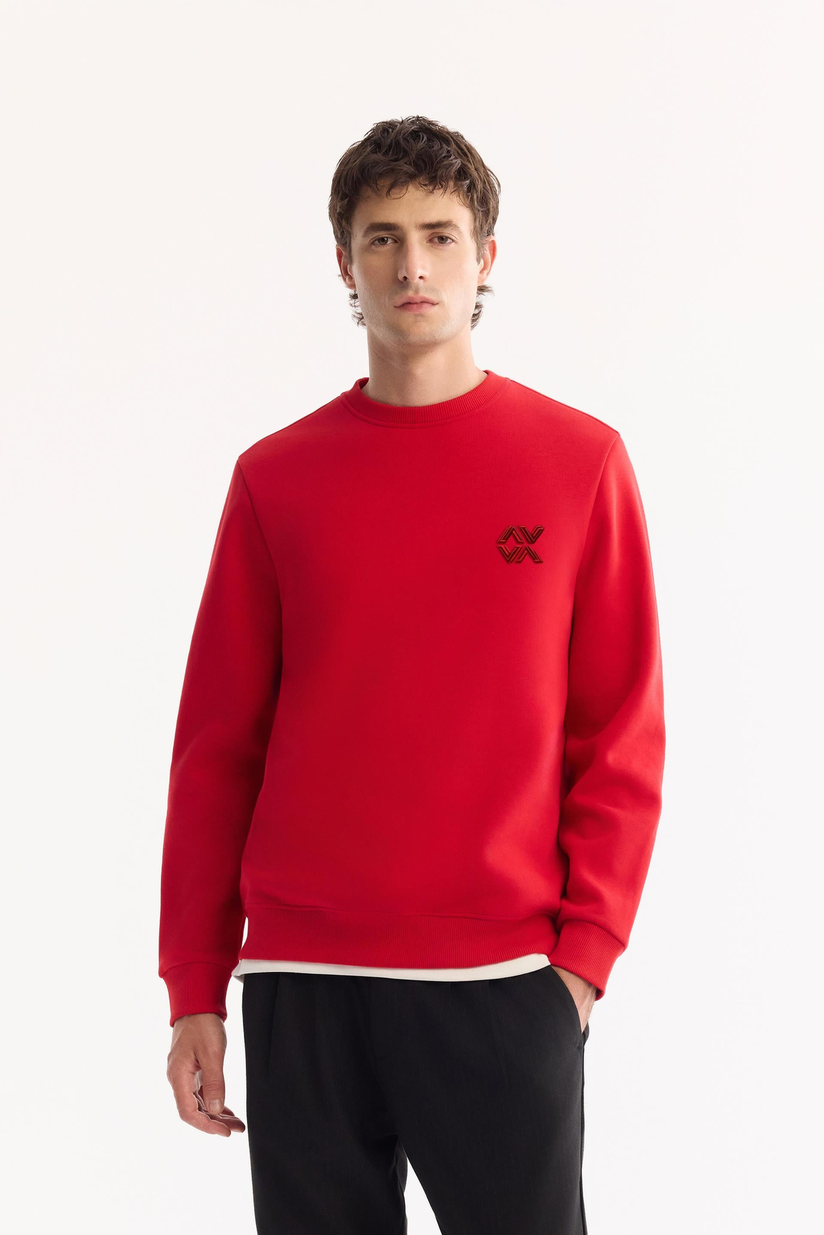 Kırmızı Bisiklet Yaka Piramit Baskılı İnterlok Sweatshirt