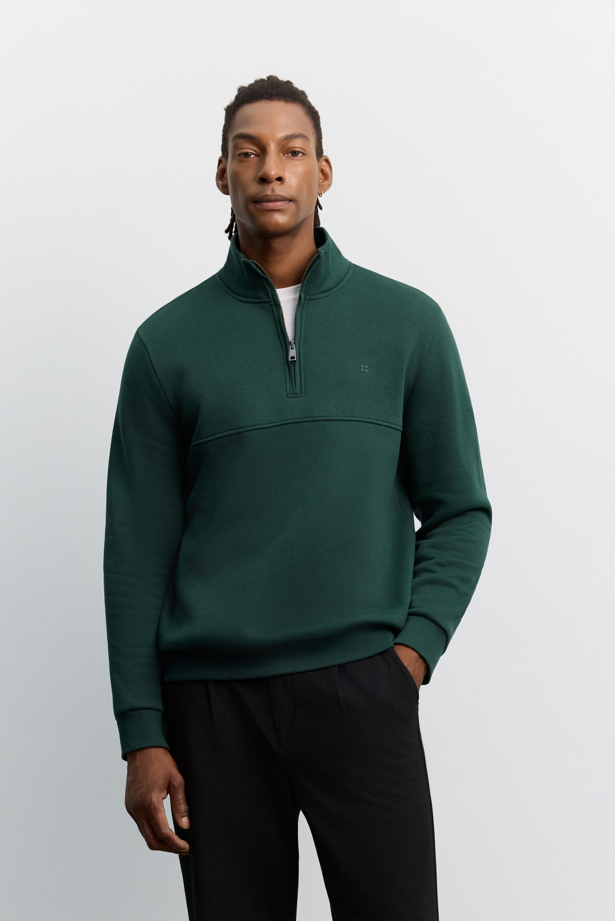 Koyu Yeşil Dik Yaka Fermuarlı 3 İplik Şardonlu Sweatshirt
