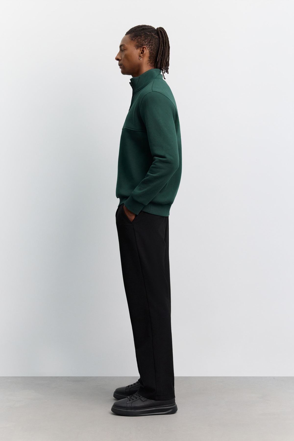 Koyu Yeşil Dik Yaka Fermuarlı 3 İplik Şardonlu Sweatshirt