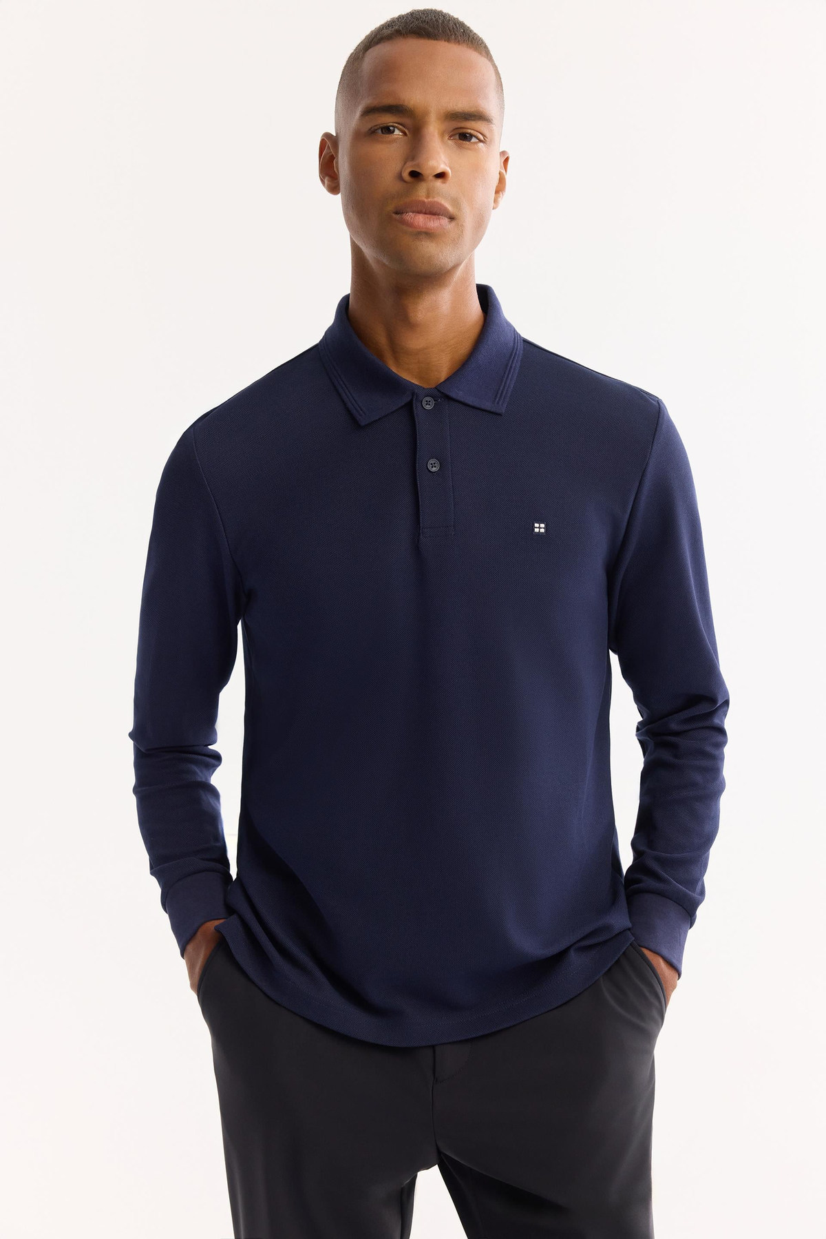 Lacivert 2 Düğmeli Pamuklu Polo Yaka Basic Sweatshirt