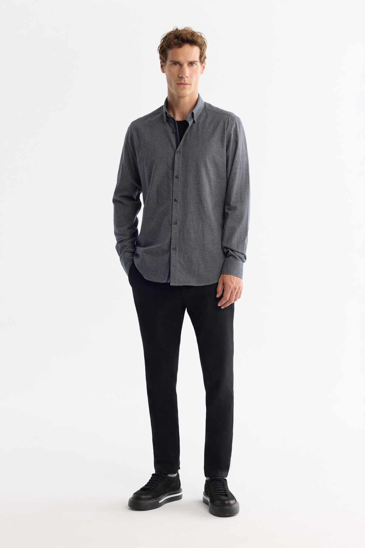 Lacivert Alttan Britli Yaka Mini Kazayagı Flanel Slim Fit Uzun Kol Gömlek
