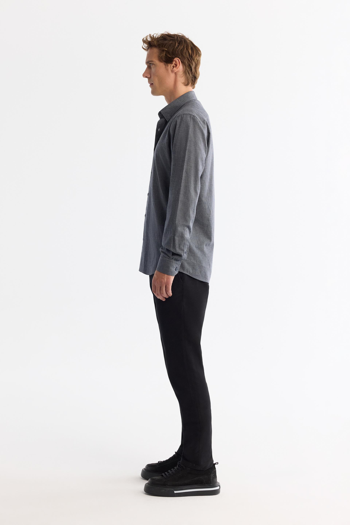 Lacivert Alttan Britli Yaka Mini Kazayagı Flanel Slim Fit Uzun Kol Gömlek