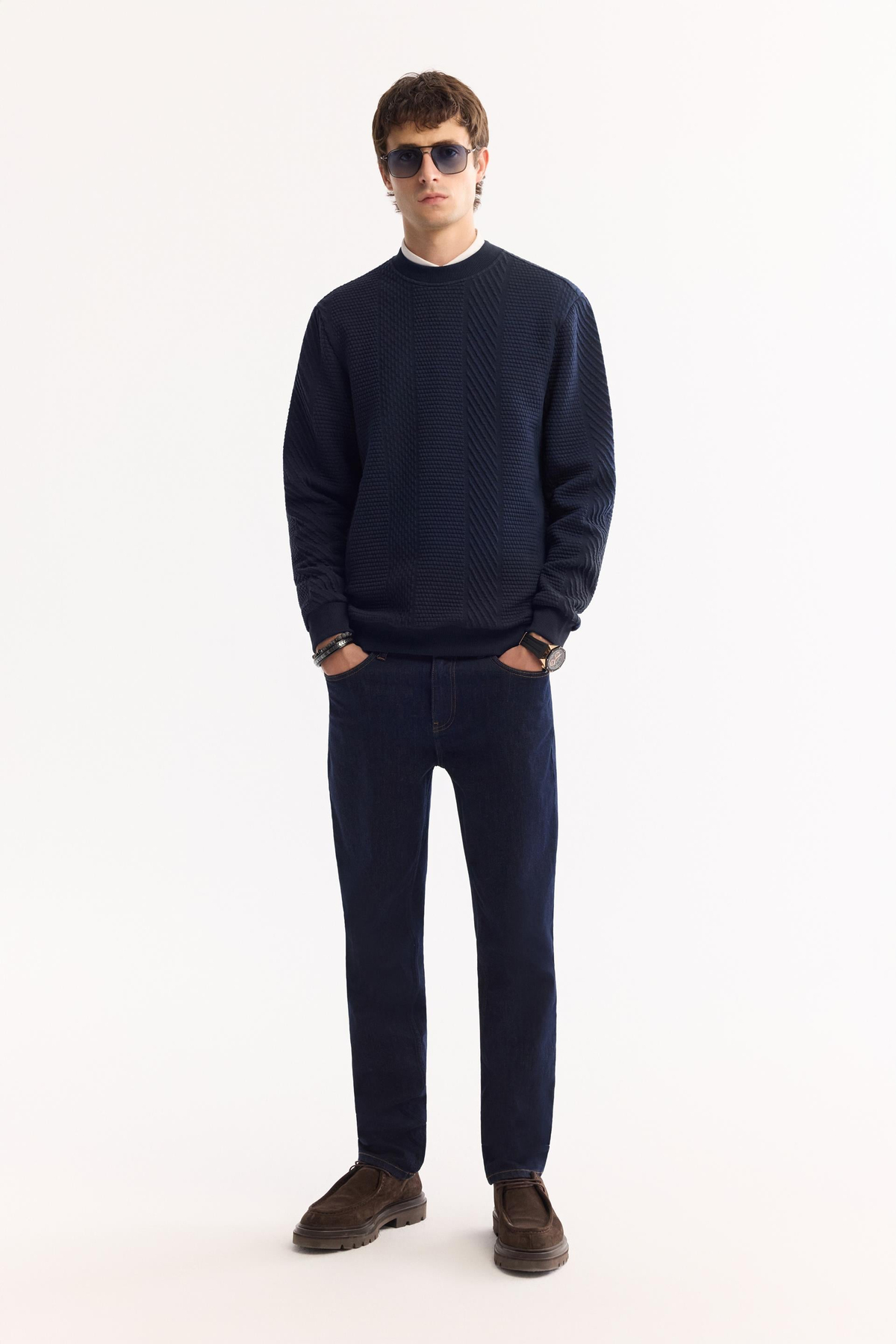 Lacivert Bisiklet Yaka Çizgili Jakarlı Sweatshirt