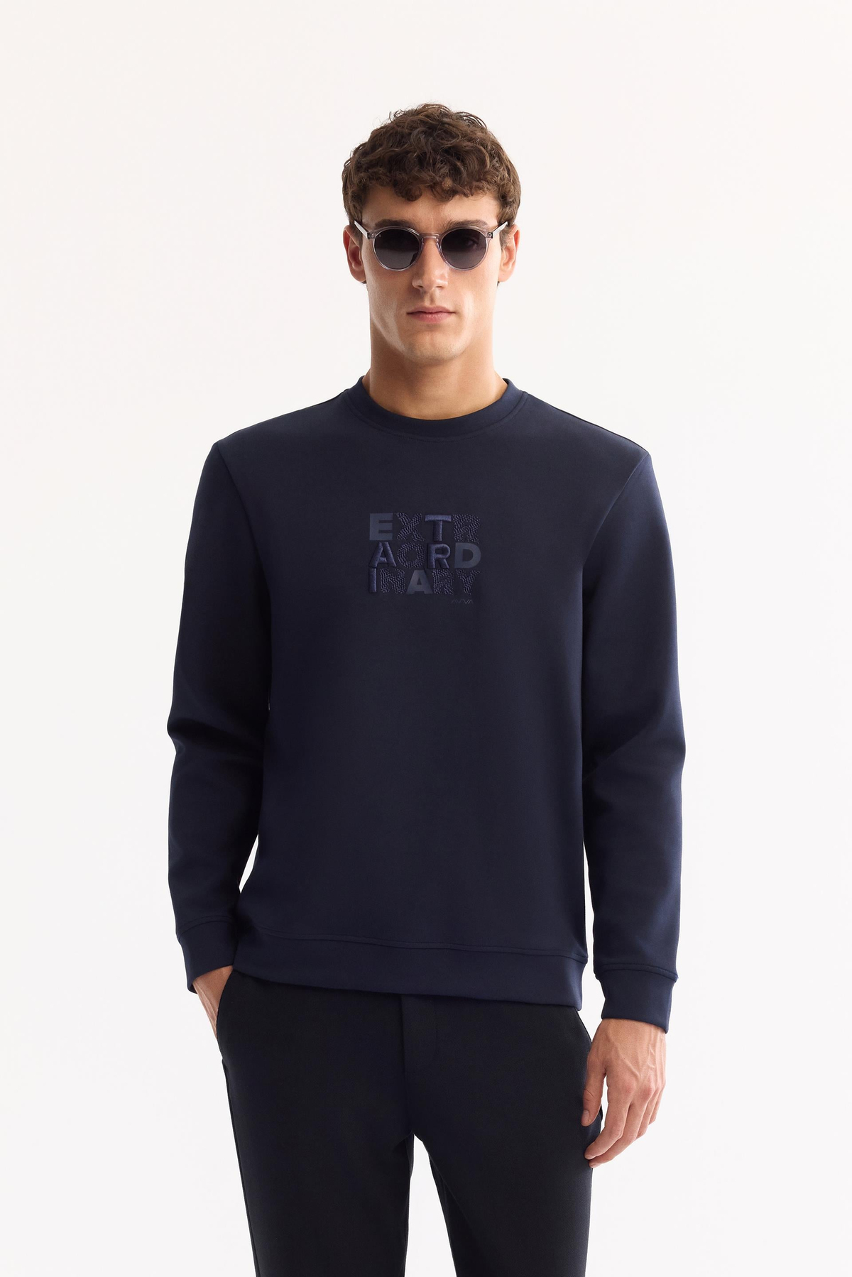 Lacivert Bisiklet Yaka Fileksi Baskılı Nakış   İnterlok Sweatshirt