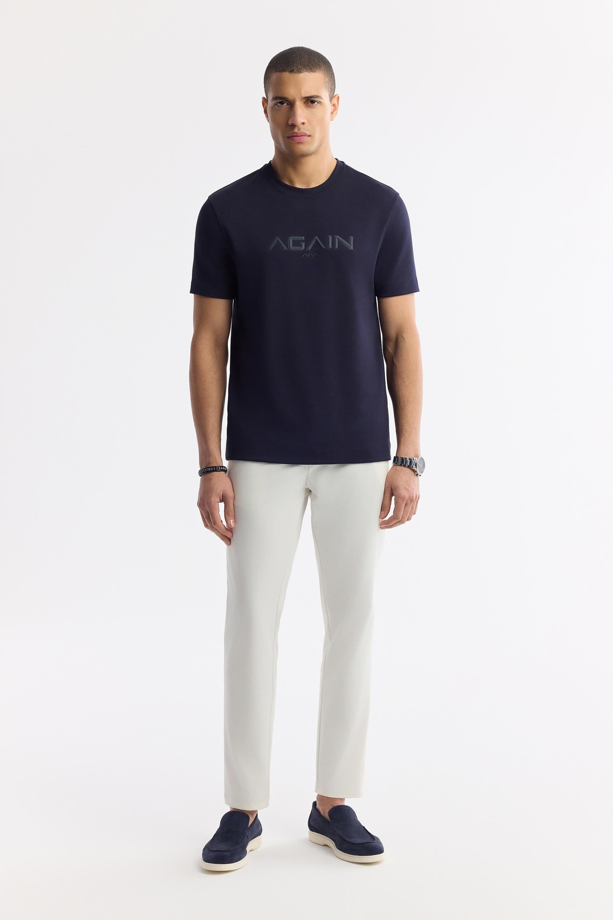 Lacivert Bisiklet Yaka Hologram Baskılı İnterlok T-Shirt
