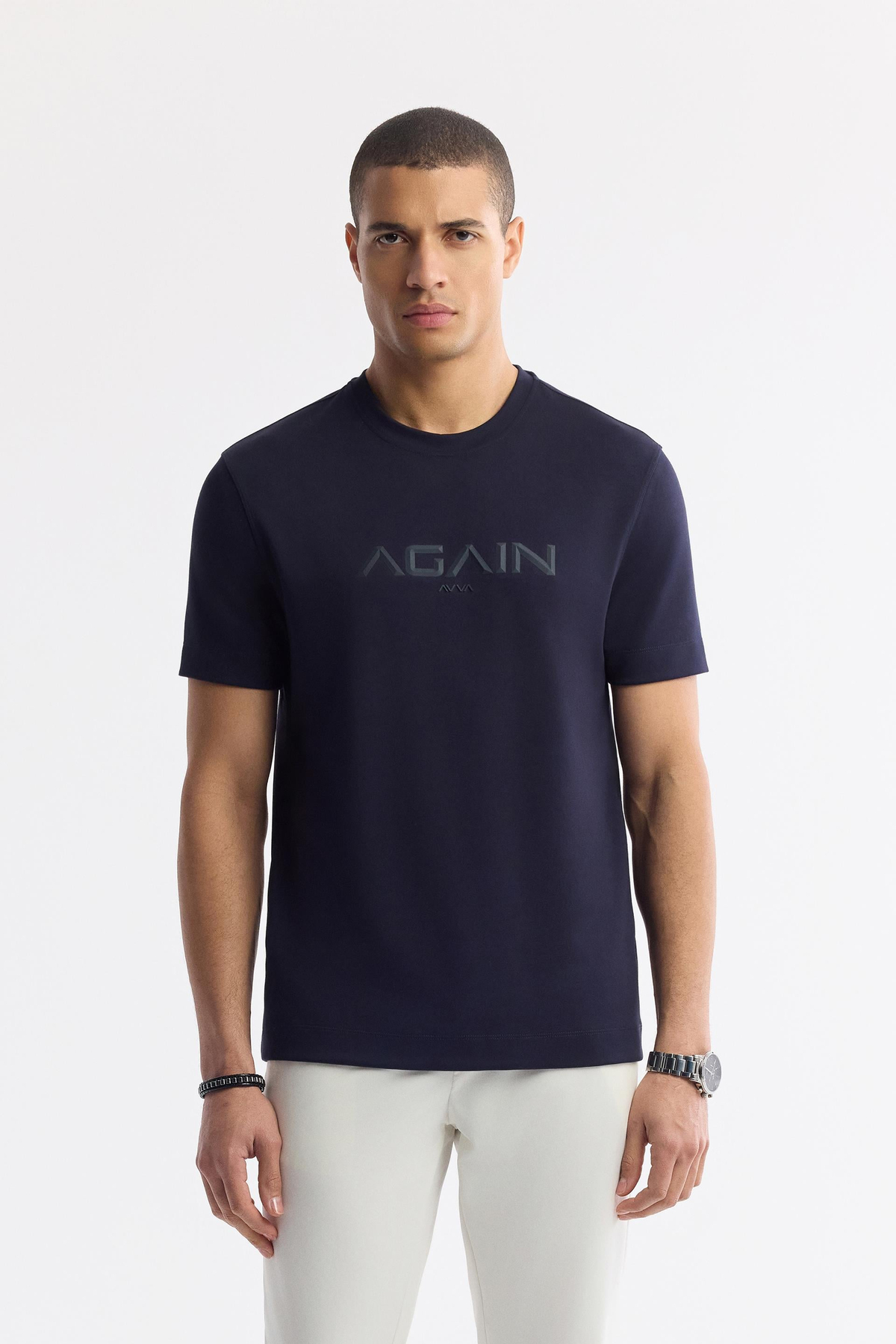 Lacivert Bisiklet Yaka Hologram Baskılı İnterlok T-Shirt