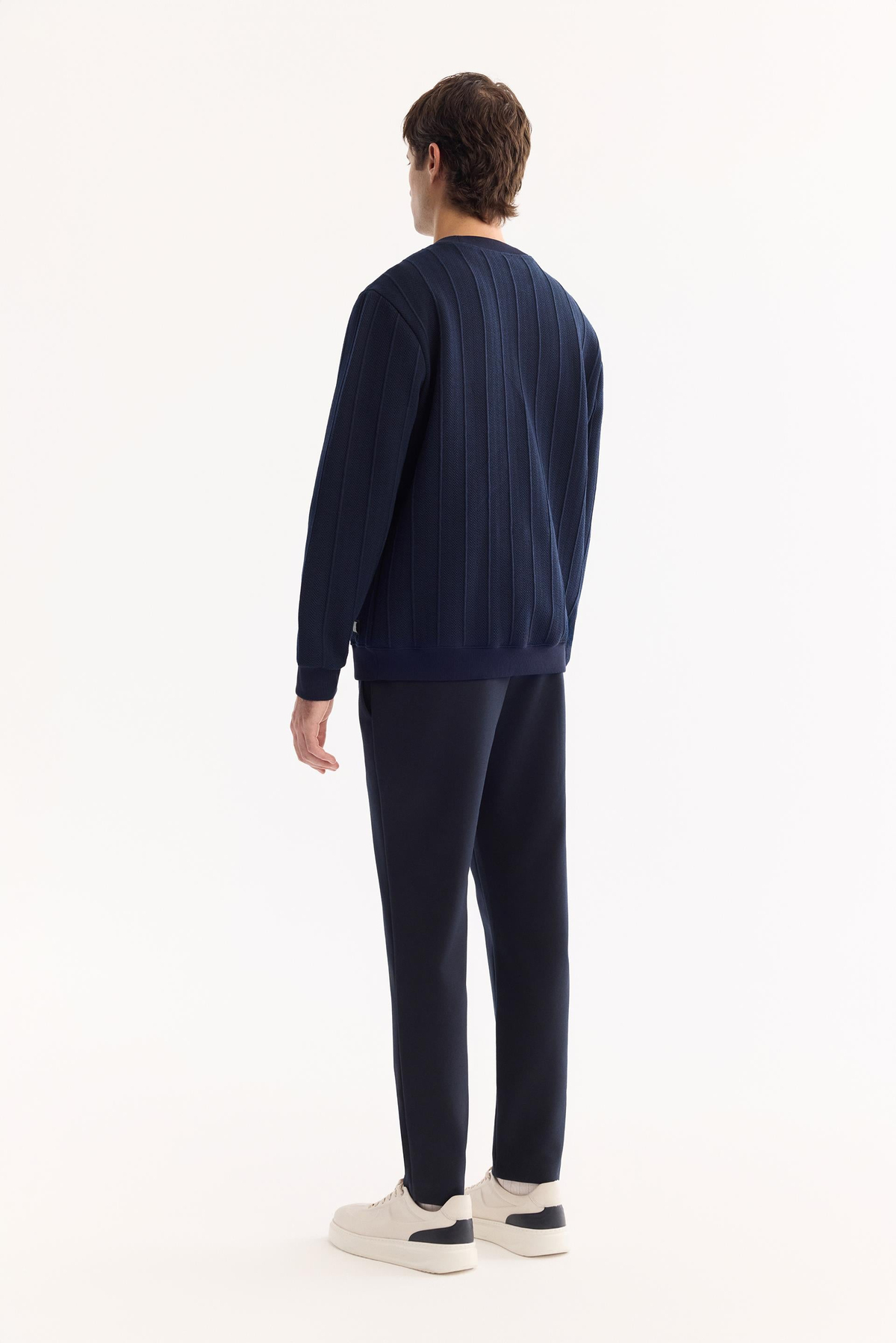 Lacivert Bisiklet Yaka Jakarlı Sweatshirt