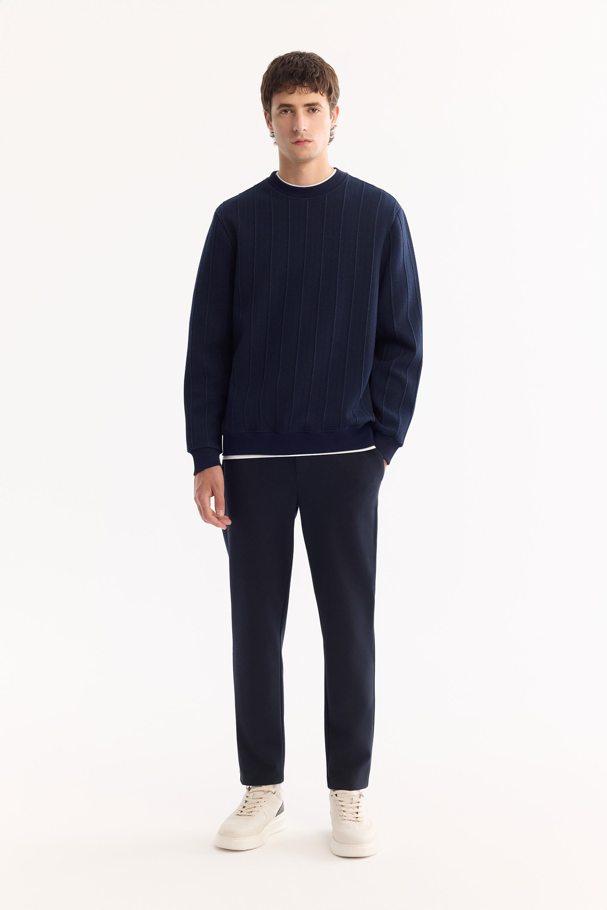 Lacivert Bisiklet Yaka Jakarlı Sweatshirt