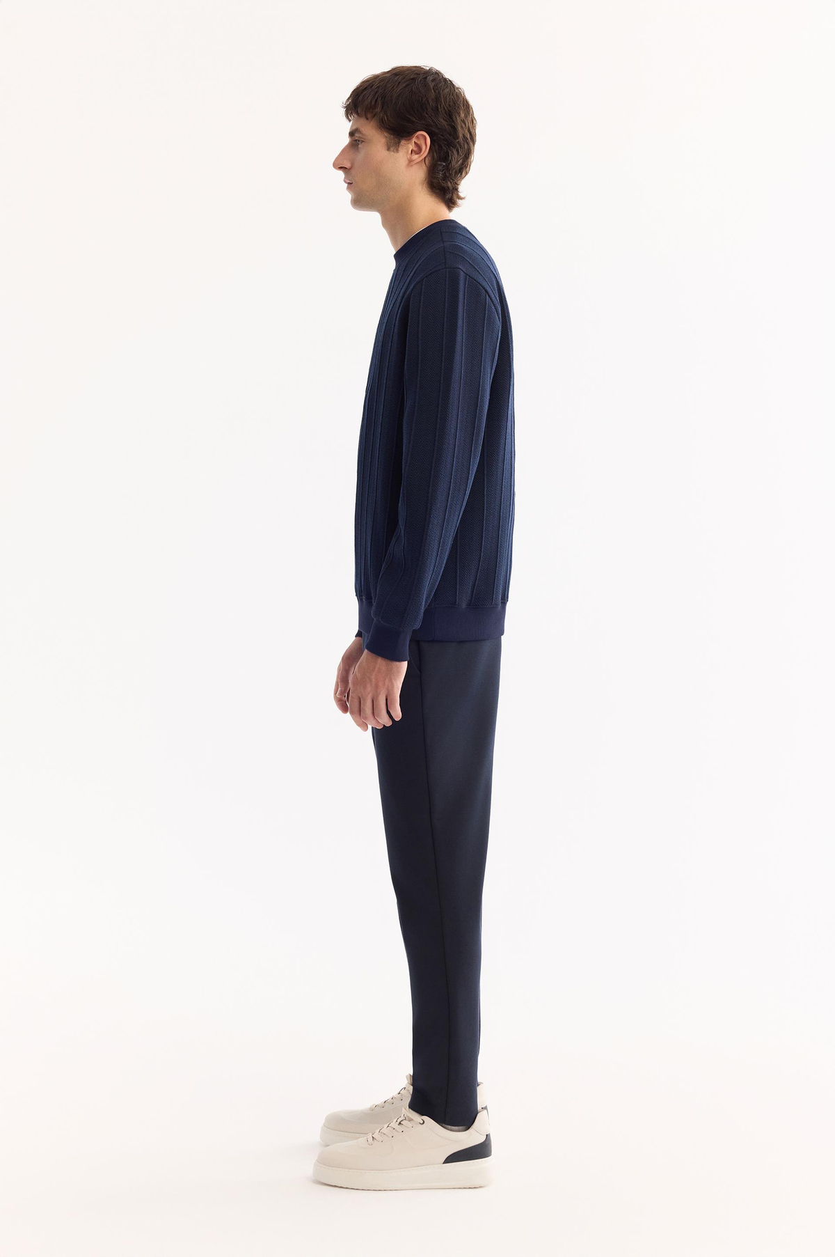 Lacivert Bisiklet Yaka Jakarlı Sweatshirt
