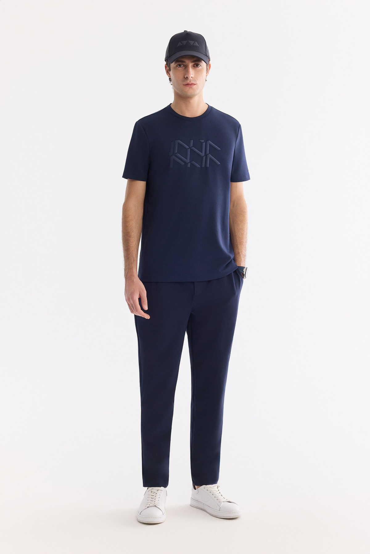 Lacivert Bisiklet Yaka Kabarık  Baskılı İnterlok T-Shirt
