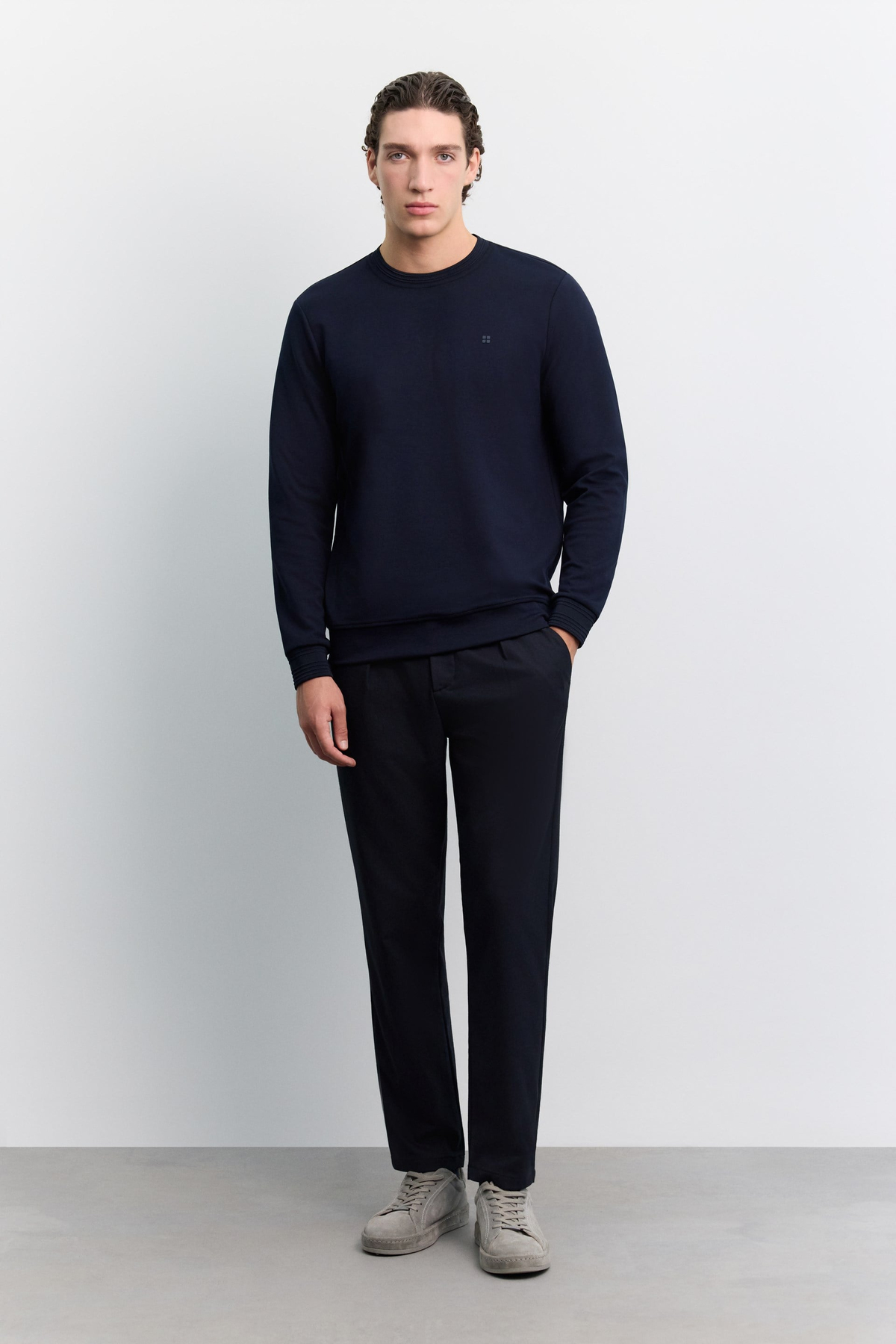 Lacivert Bisiklet Yaka Fitil Ribana İnterlok  Sweatshirt