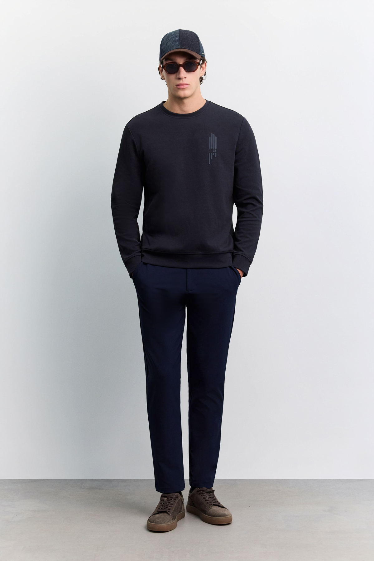 Lacivert Bisiklet Yaka Kolay Ütülenen Baskılı Pamuklu Sweatshirt