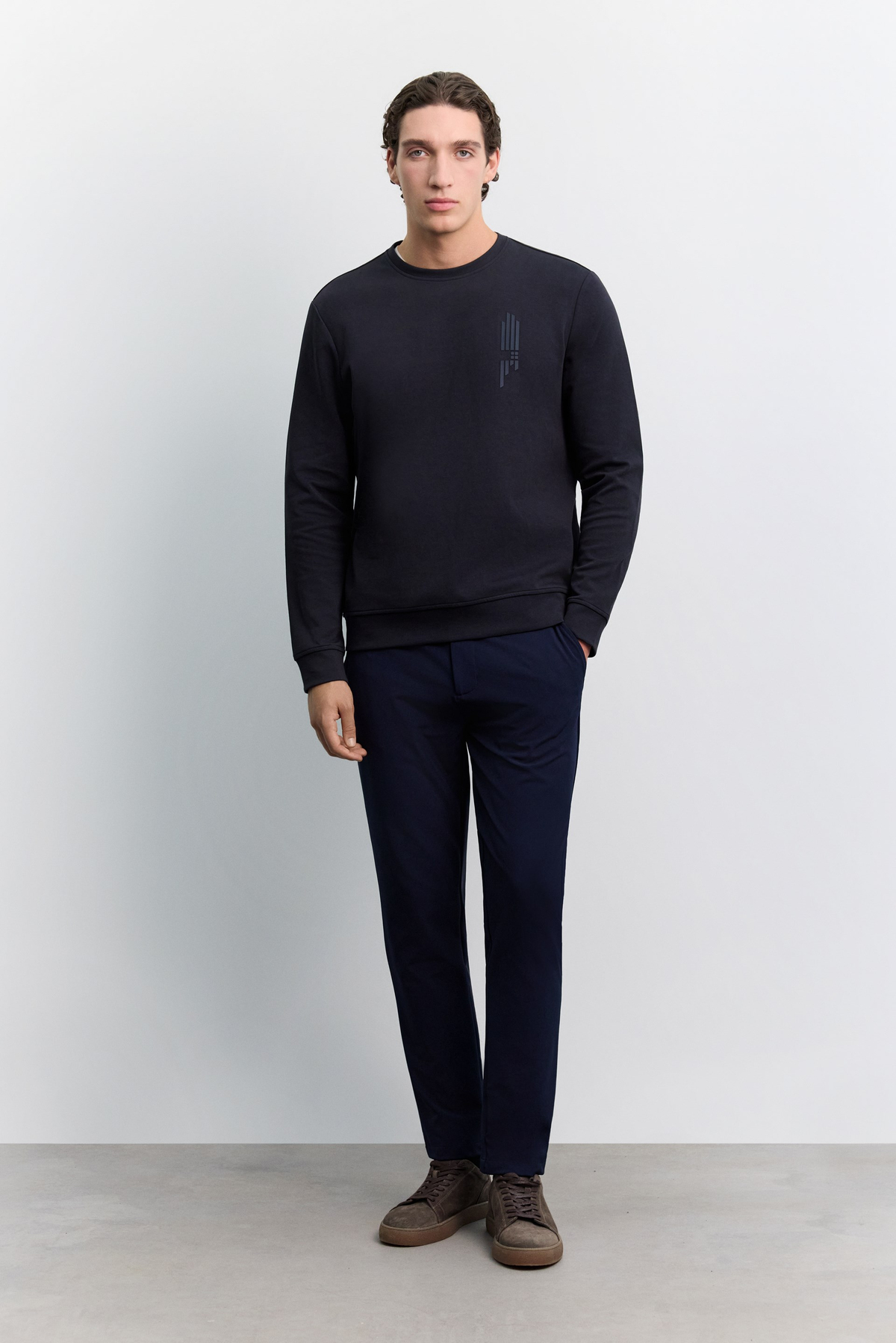 Lacivert Bisiklet Yaka Kolay Ütülenen Baskılı Pamuklu Sweatshirt