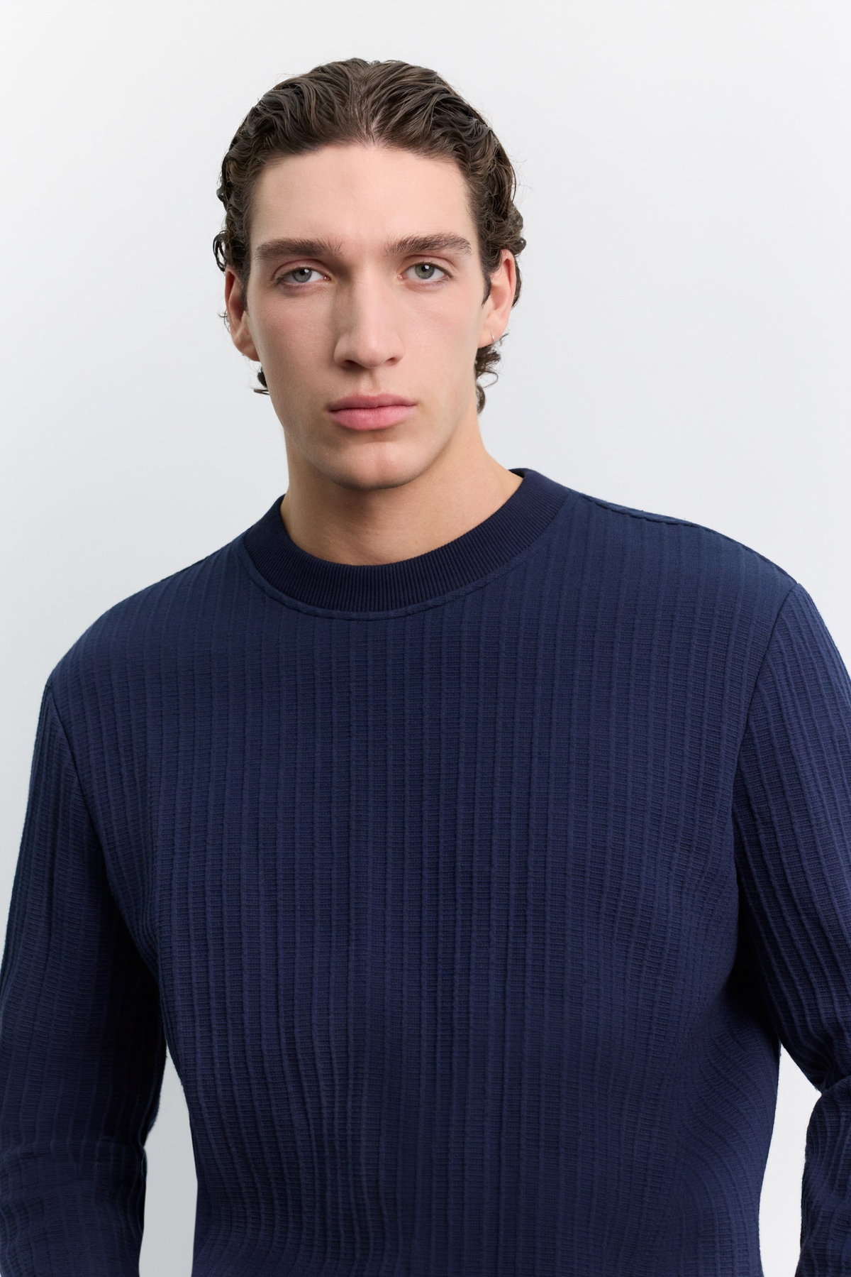 Lacivert Bisiklet Yaka Kolay Ütülenen Jakarlı Sweatshirt