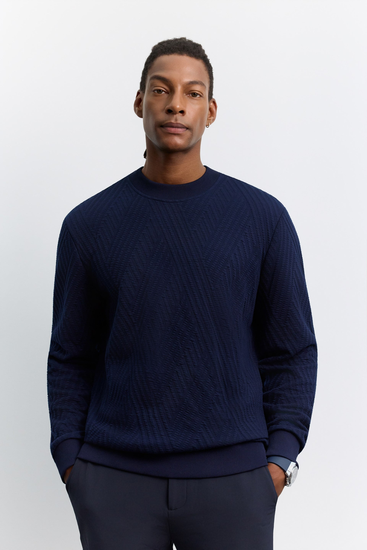 Lacivert Bisiklet Yaka Kolay Ütülenen Jakarlı Sweatshirt