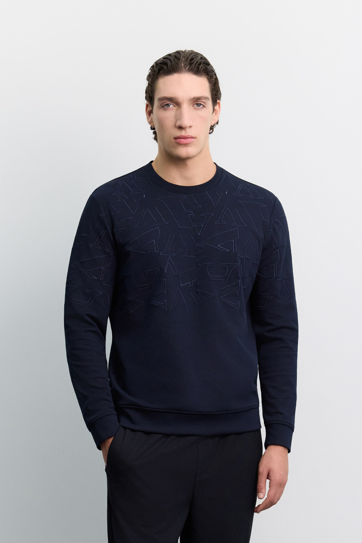 Lacivert Bisiklet Yaka Kol ve Beden Sargı Nakış İnterlok Sweatshirt