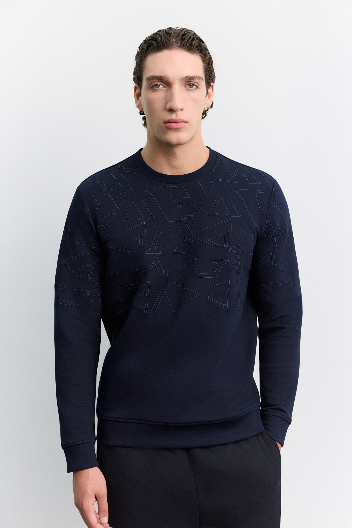Lacivert Bisiklet Yaka Kol ve Beden Sargı Nakış İnterlok Sweatshirt