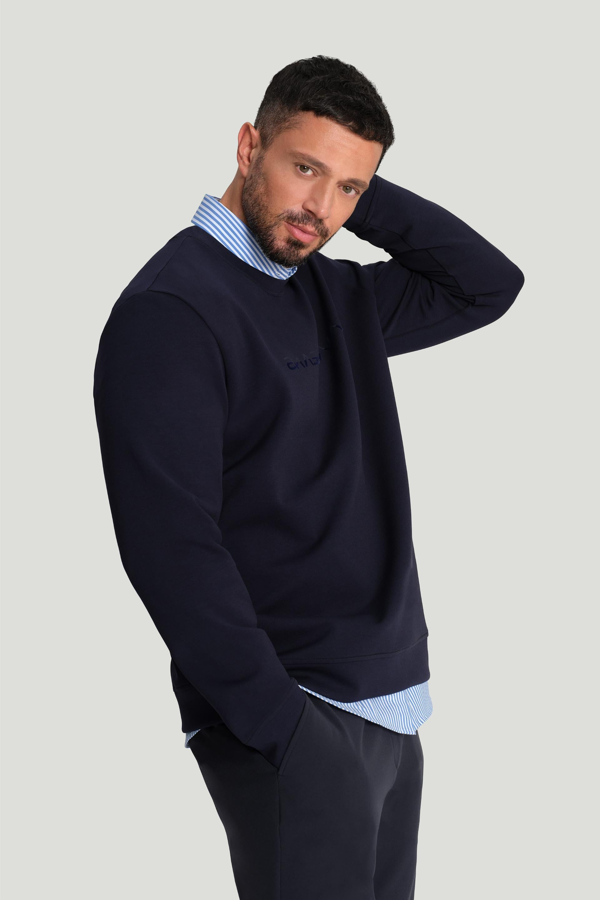 Lacivert Bisiklet Yaka Pamuklu Baskılı Sweatshirt