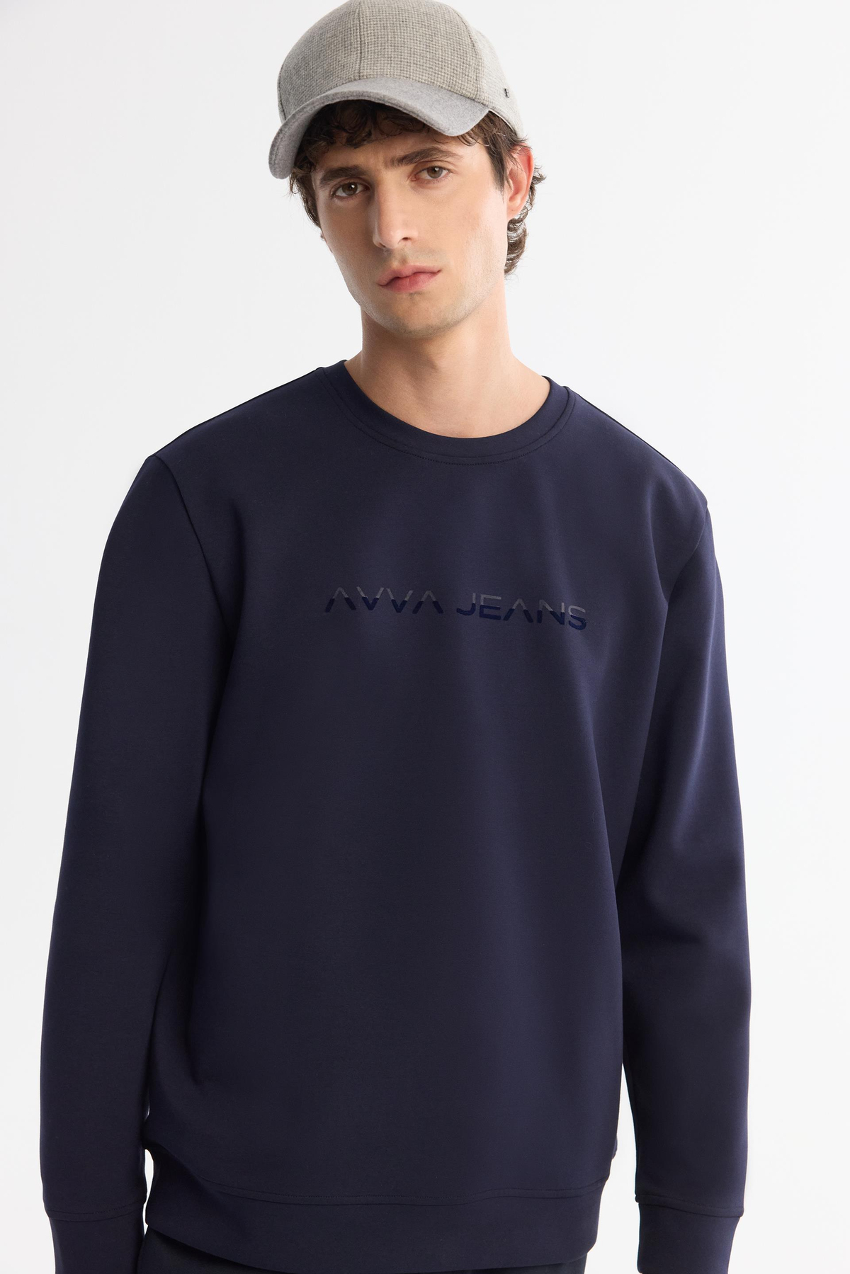Lacivert Bisiklet Yaka Pamuklu Baskılı Sweatshirt
