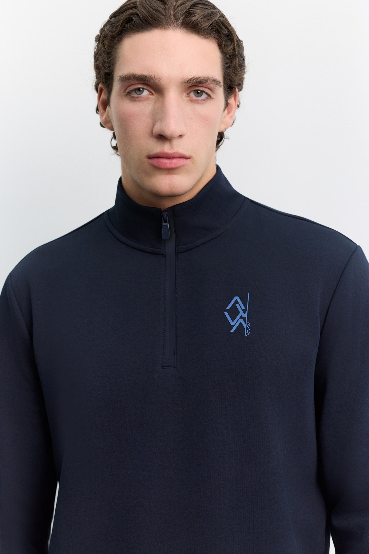 Lacivert Dik Yaka Fermuarlı Baskılı Kolay Ütülenen Pamuklu Sweatshirt