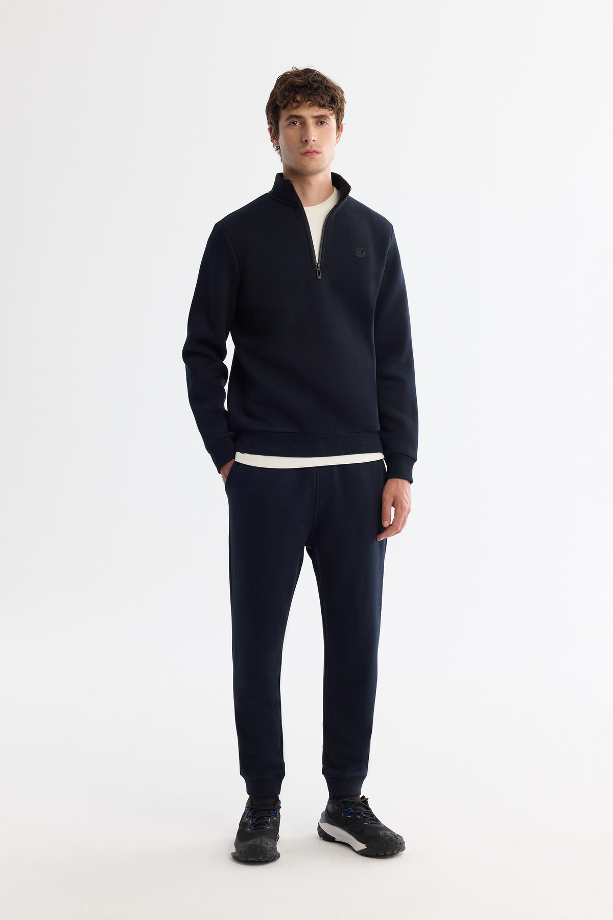 Lacivert Dik Yaka Fermuarlı Şardonlu 3 İplik  Sweatshirt