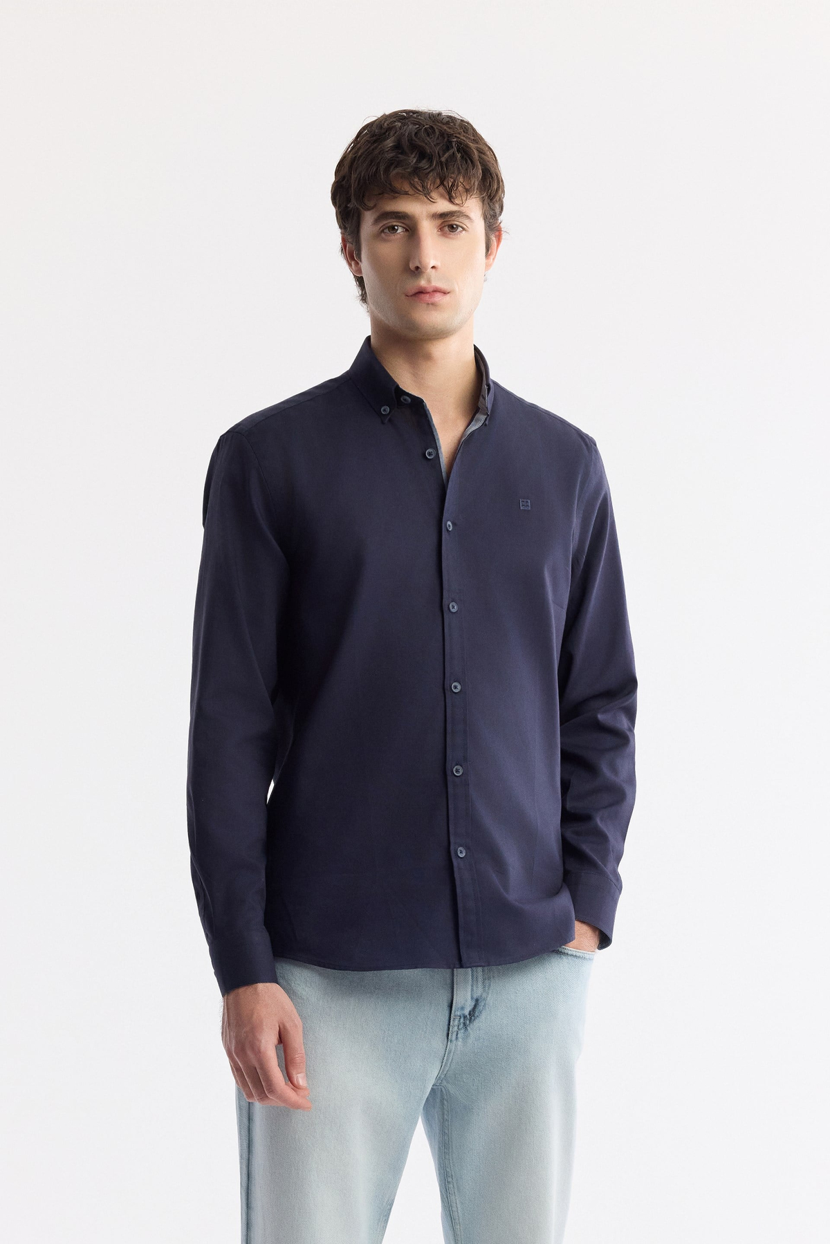 Navy Button-Down Collar 100% Cotton Oxford Shirt