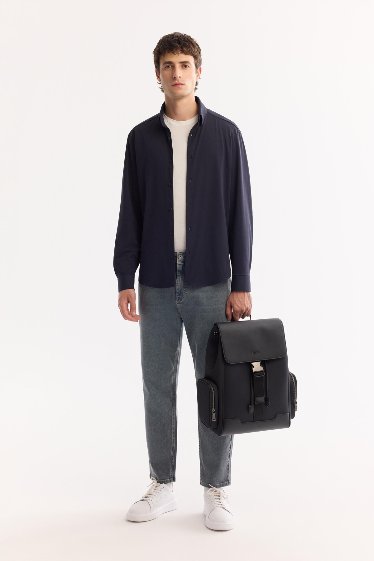 Lacivert Düğmeli Yaka Regular Fit Uzun Kollu Gömlek