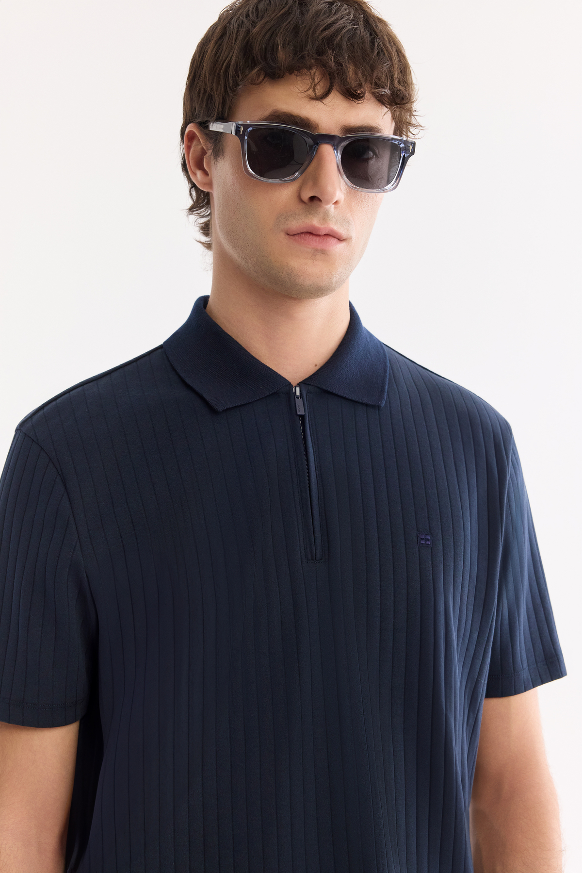 Lacivert Fermuarlı Polo Yaka Jakarlı T-Shirt