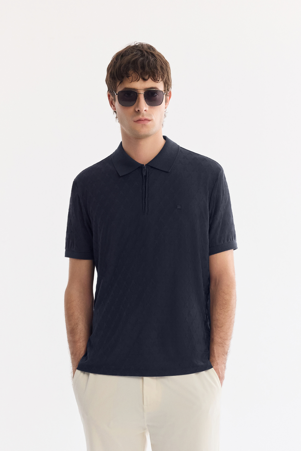 Lacivert Fermuarlı Polo Yaka Jakarlı T-Shirt