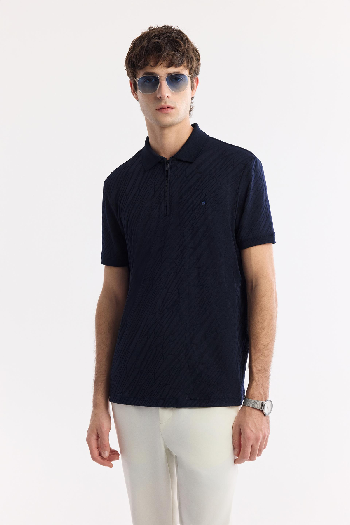 Lacivert Fermuarlı Polo Yaka Jakarlı T-Shirt