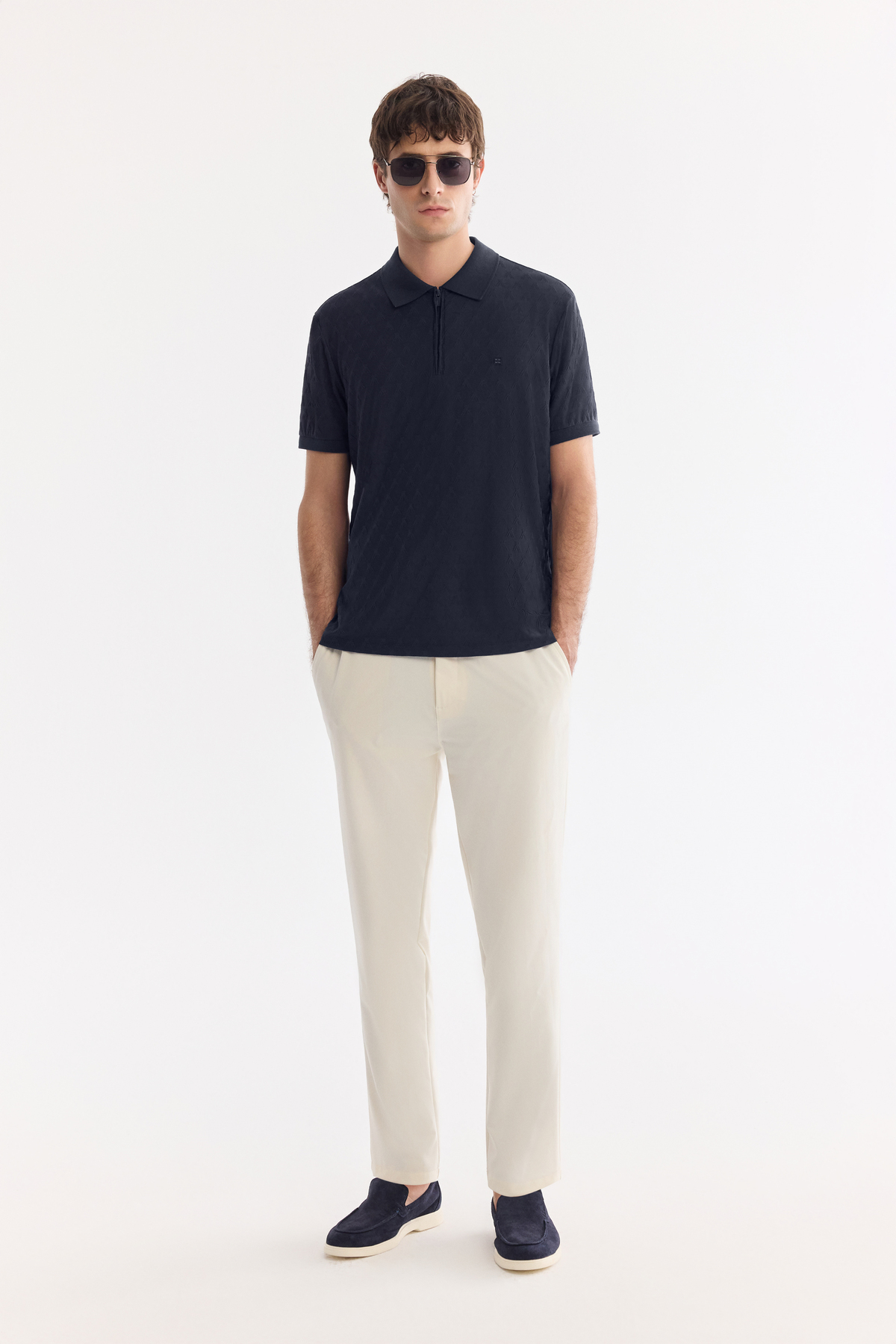 Lacivert Fermuarlı Polo Yaka Jakarlı T-Shirt