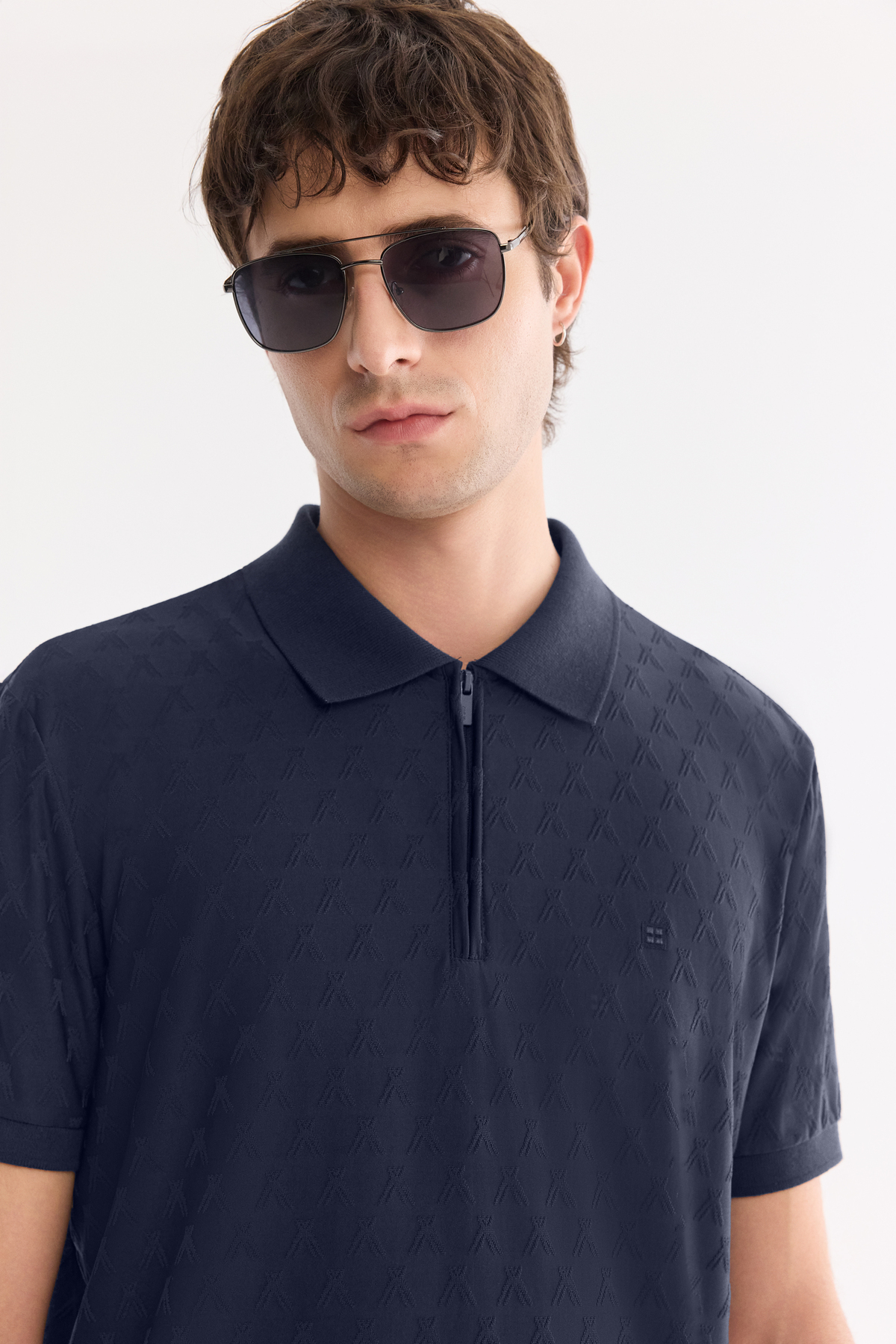 Lacivert Fermuarlı Polo Yaka Jakarlı T-Shirt