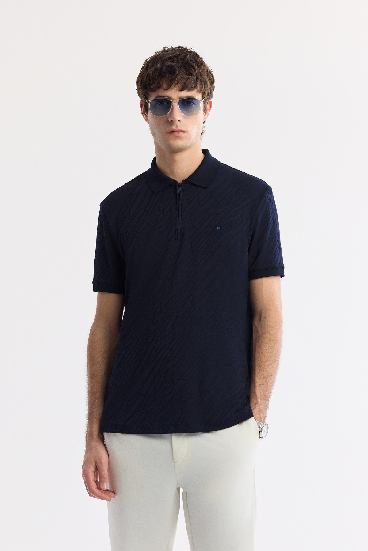 Lacivert Fermuarlı Polo Yaka Jakarlı T-Shirt