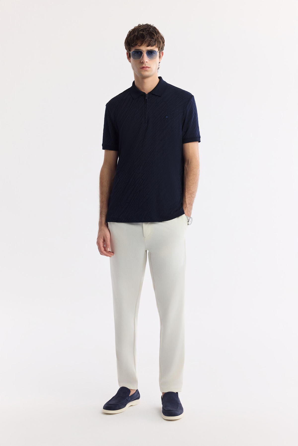 Lacivert Fermuarlı Polo Yaka Jakarlı T-Shirt