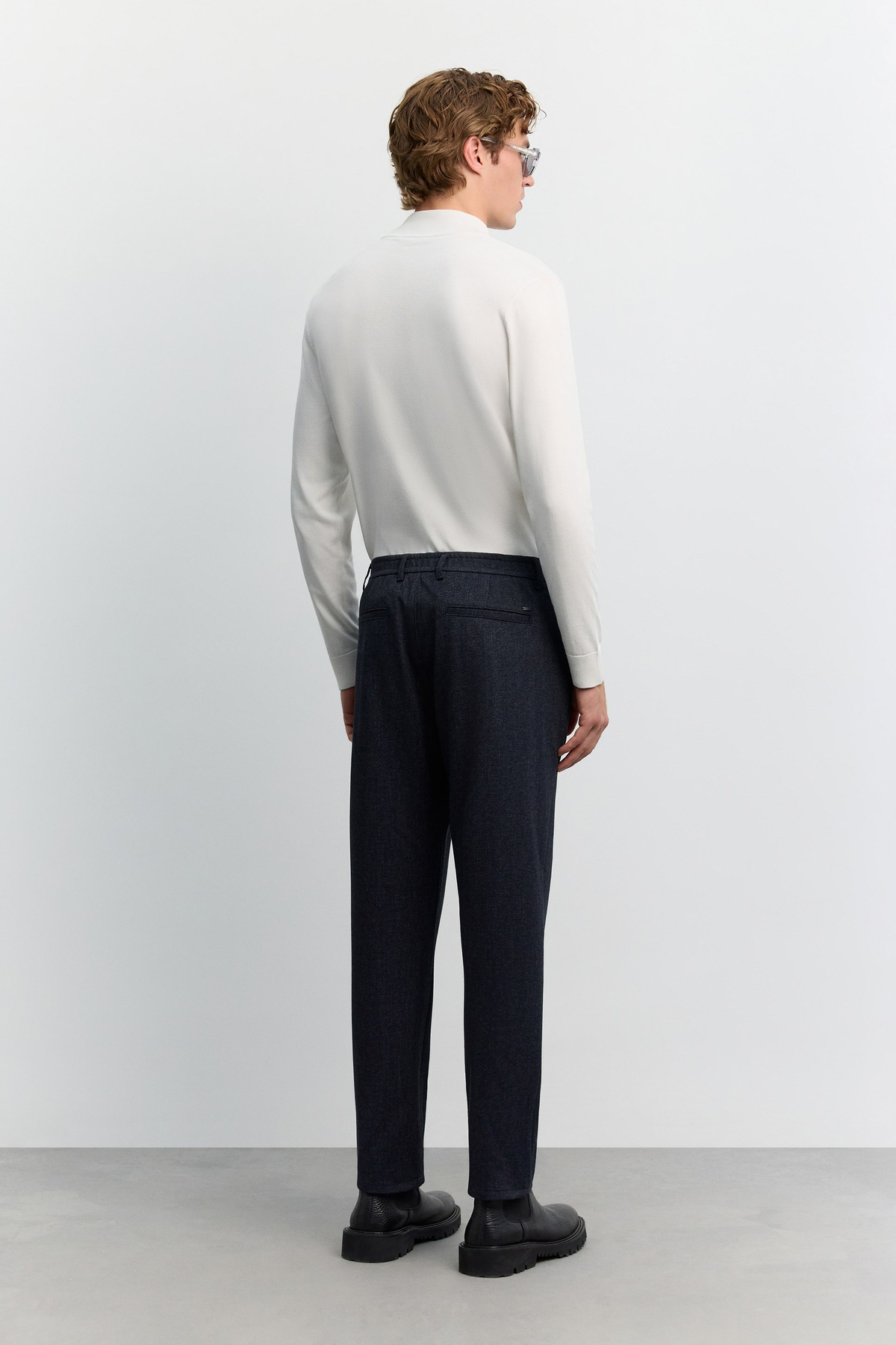 Lacivert Kazayağı Desenli Yanı Lastikli Relaxed Fit Pantolon