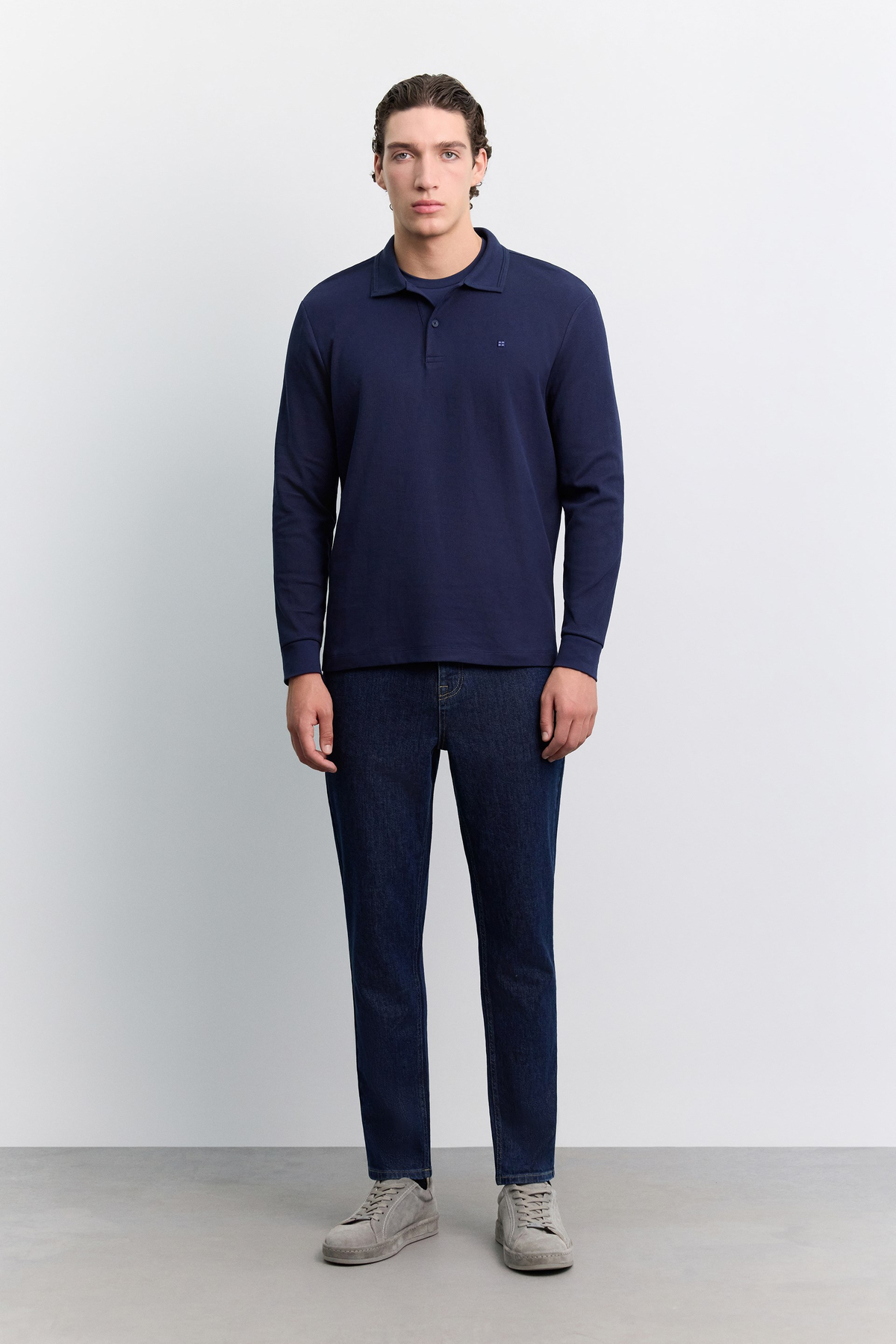 Lacivert Kıvrılmaz Polo Yaka Kolay Ütülenen Basic Sweatshirt
