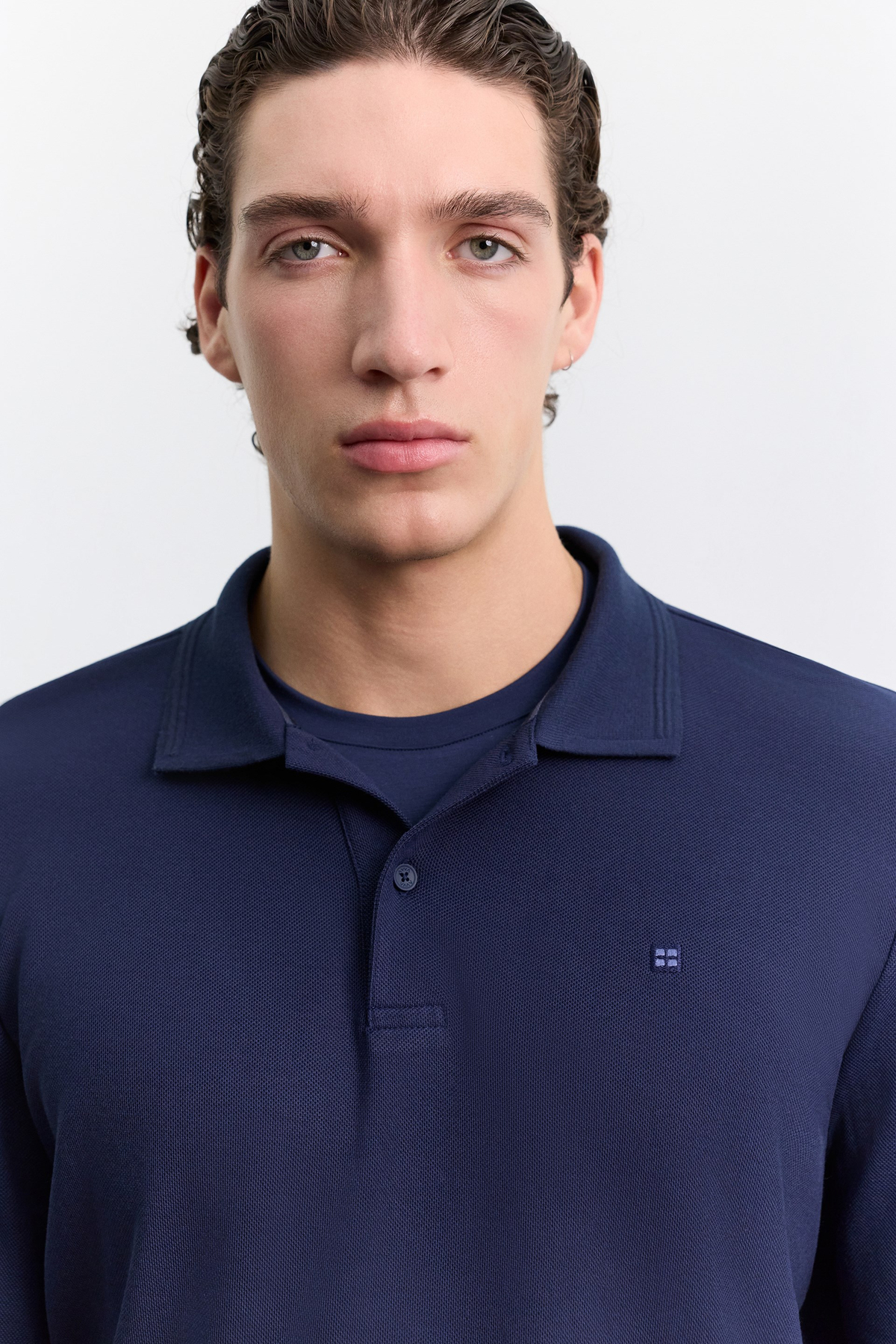 Lacivert Kıvrılmaz Polo Yaka Kolay Ütülenen Basic Sweatshirt