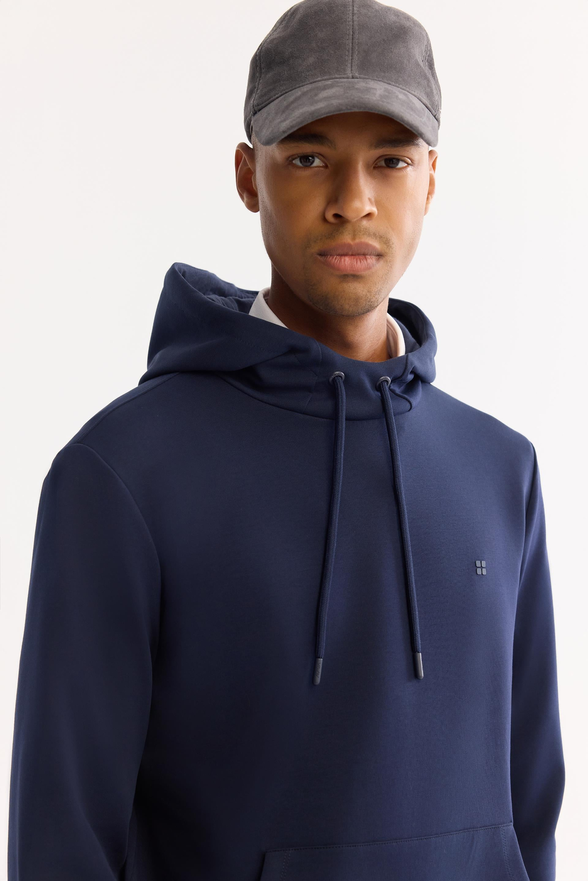 Lacivert Kapüşonlu Yaka Kanguru Cepli   İnterlok Sweatshirt