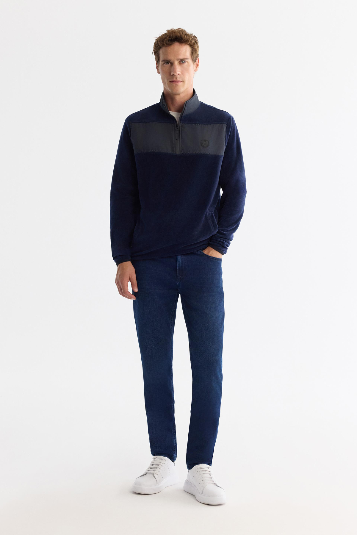 Lacivert Paraşüt Garnili Yarım Fermuar Polar Sweatshirt