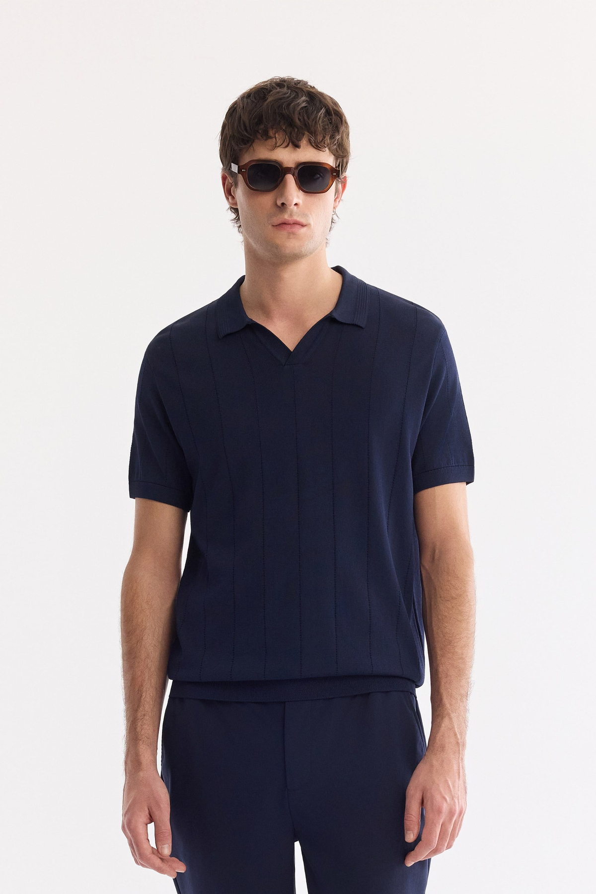 Lacivert Polo Yaka Düğmesiz Dokulu Triko T-shirt