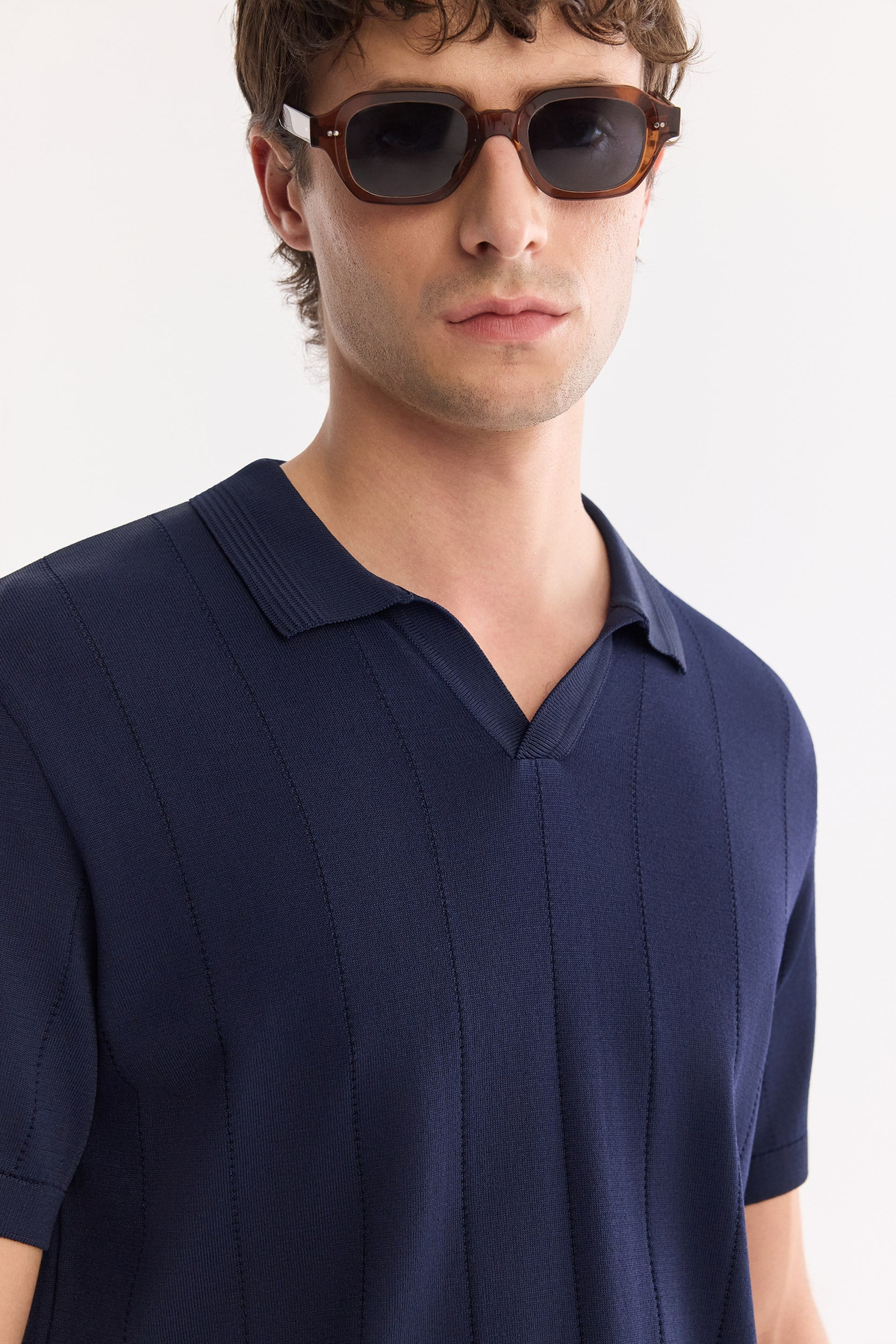 Lacivert Polo Yaka Düğmesiz Dokulu Triko T-shirt